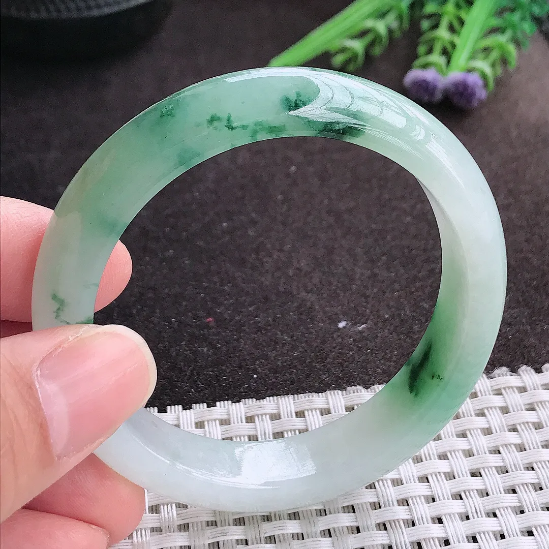 实拍A货翡翠51.8/12.6/7.7老坑冰胶水灵飘花手镯宽边玉镯手环