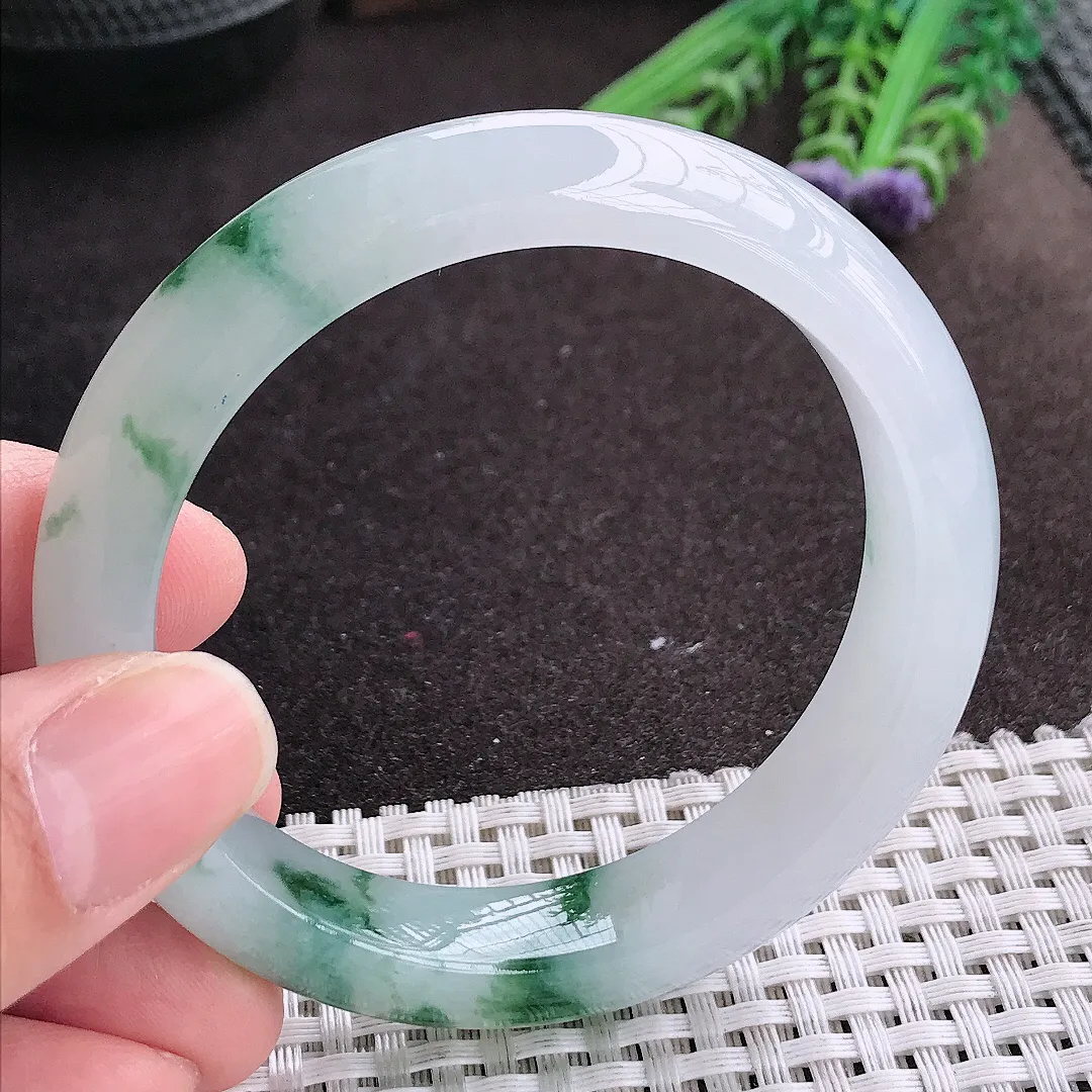 实拍A货翡翠55/12.6/8.8老坑冰透果冻胶冰飘花手镯宽边玉镯手环