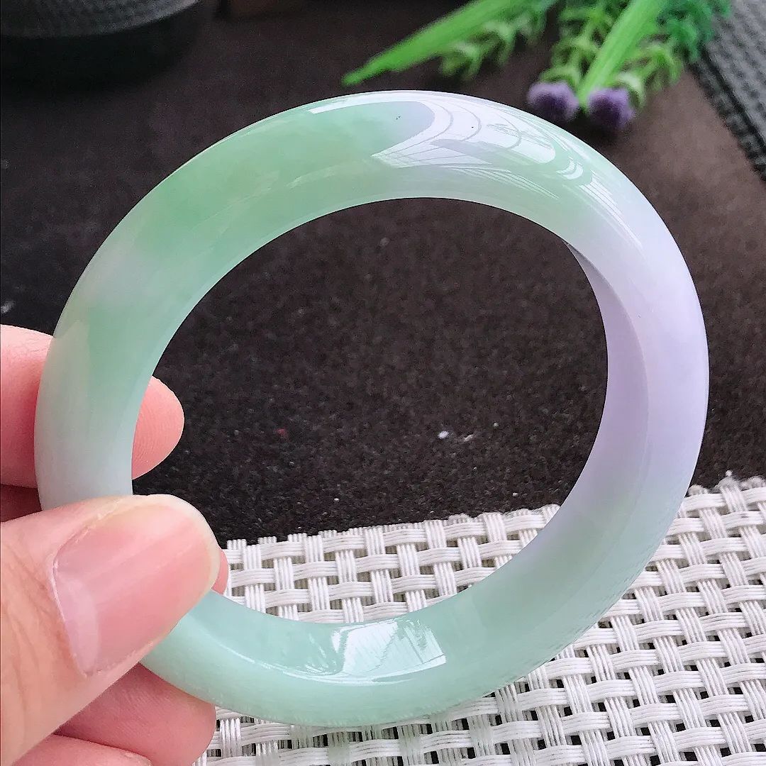 实拍A货翡翠55.8/12.8/9.3老坑冰润起胶春带彩手镯宽边玉镯手环