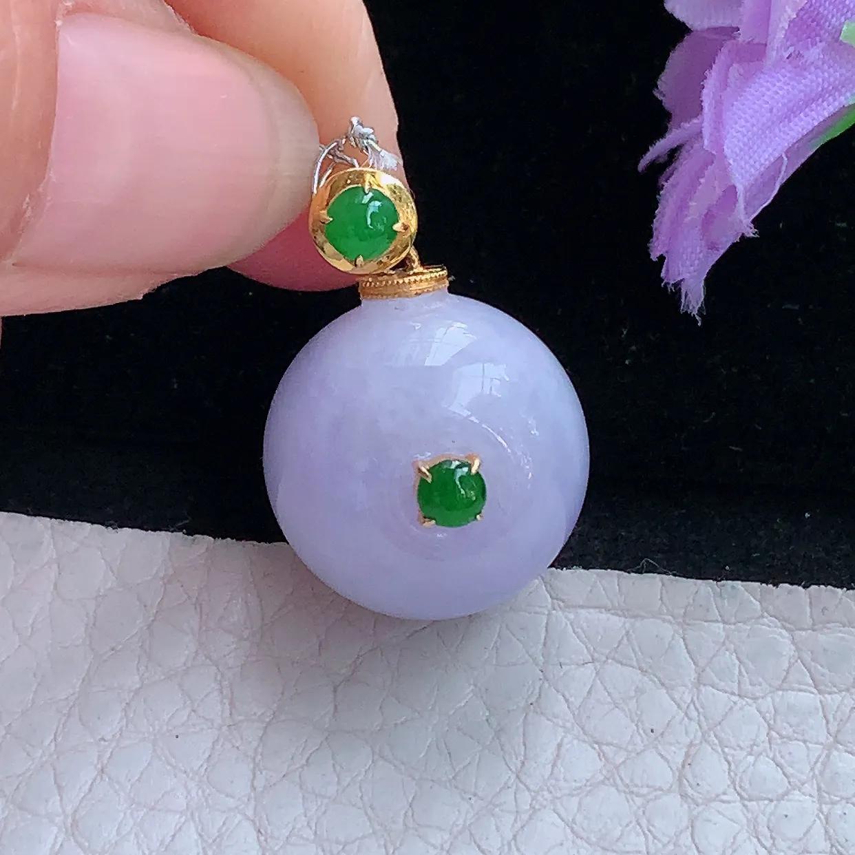 xqa实拍17.6*18.5缅甸翡翠转运珠玉坠 镶金紫罗兰平安扣锁骨坠