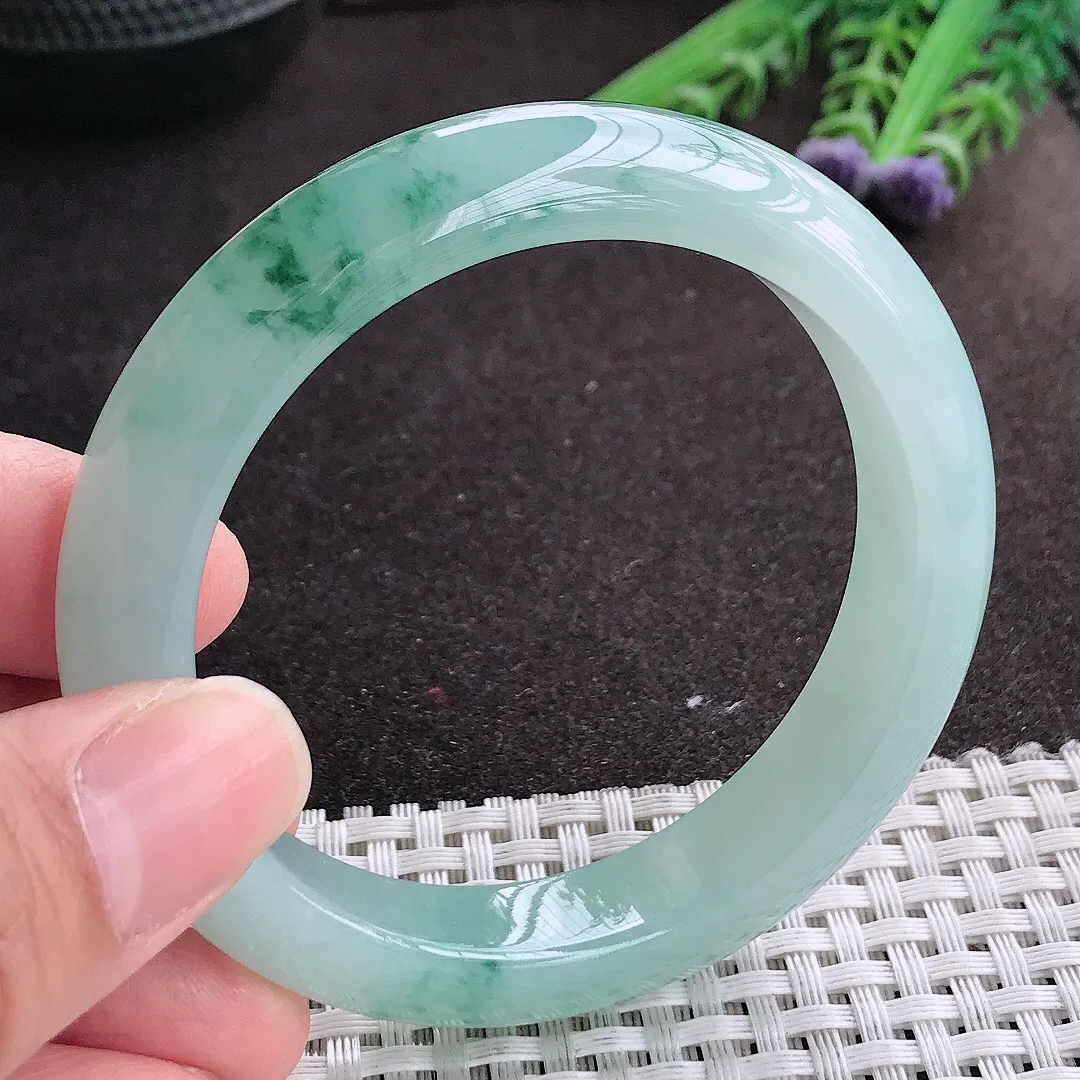 实拍A货翡翠55/11.8/8.7老坑冰胶果冻冰晴飘花手镯宽边玉镯手环