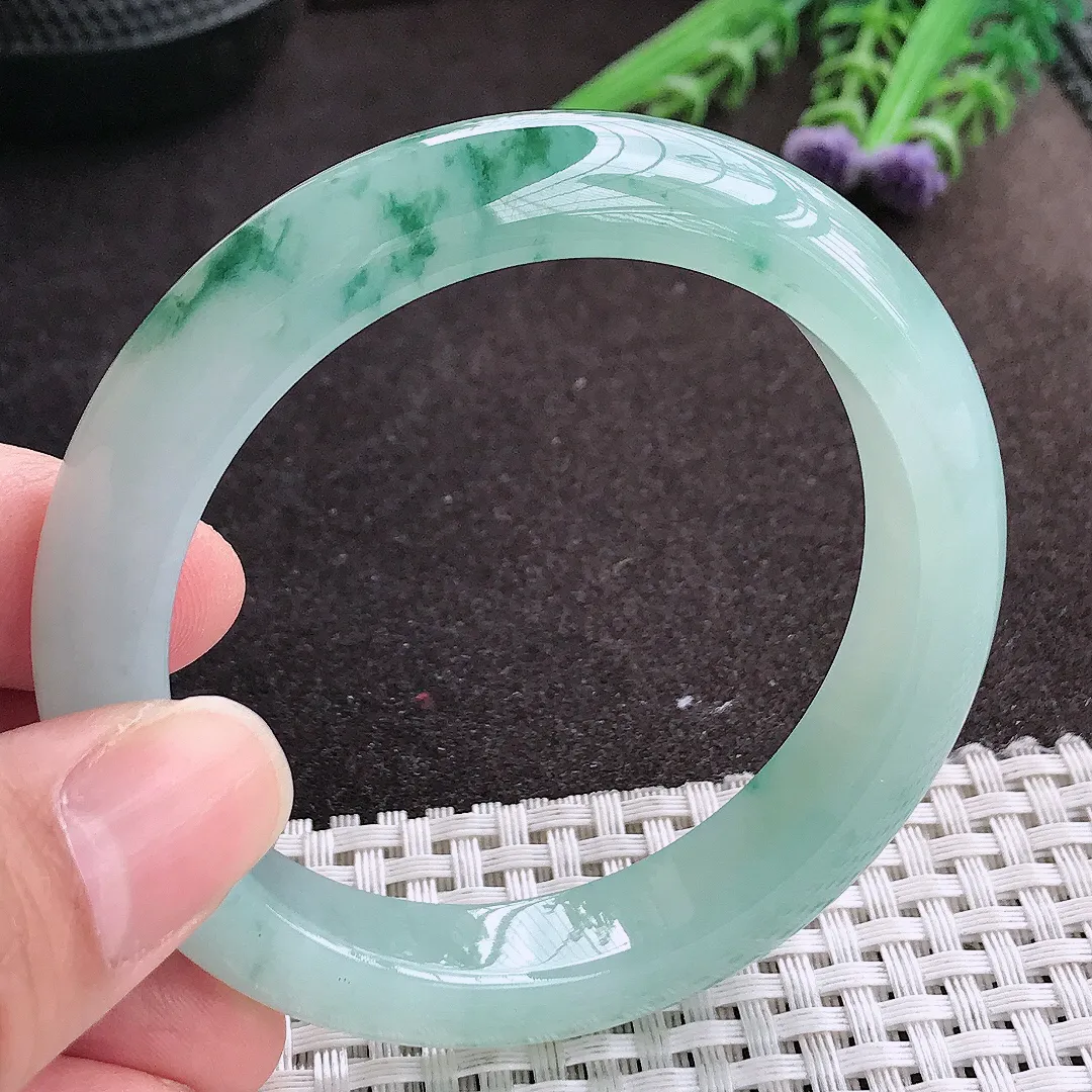 实拍A货翡翠55/11.8/8.7老坑冰胶果冻冰晴飘花手镯宽边玉镯手环
