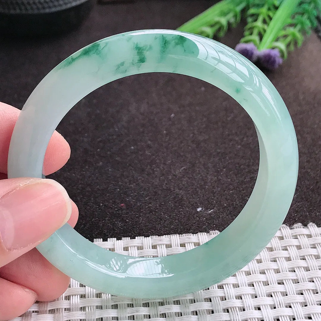 实拍A货翡翠55/11.8/8.7老坑冰胶果冻冰晴飘花手镯宽边玉镯手环