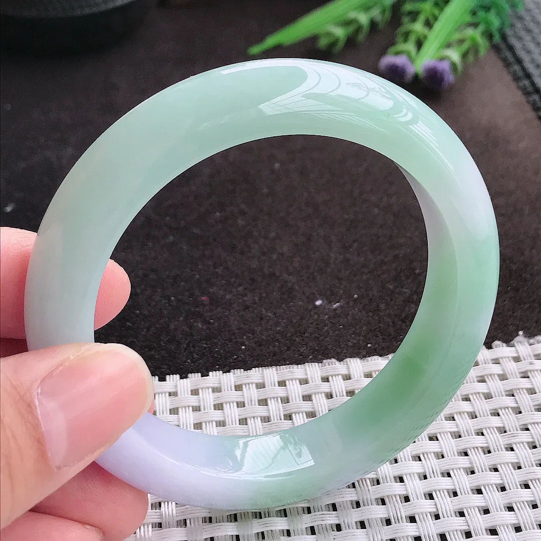 实拍A货翡翠55.8/12.8/9.3老坑冰润起胶春带彩手镯宽边玉镯手环