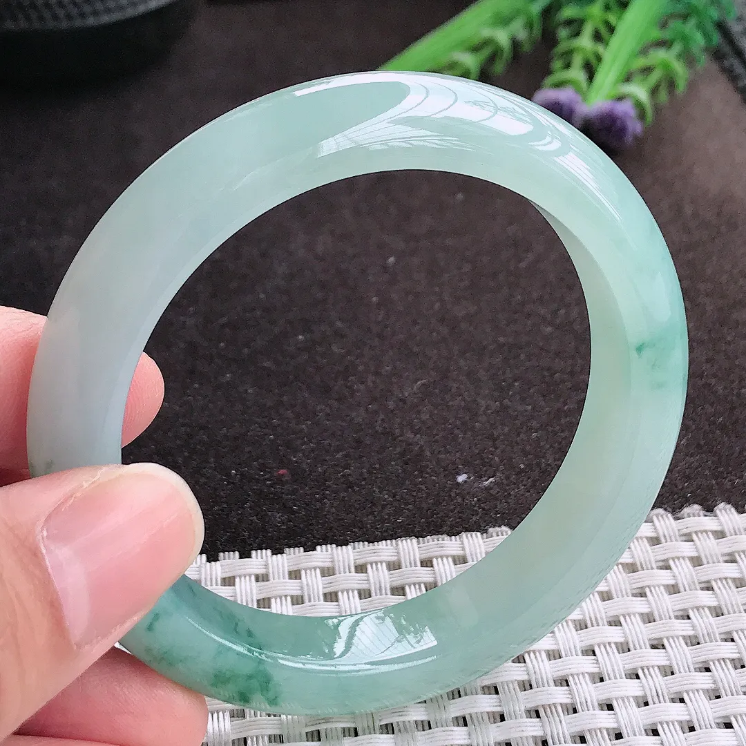 实拍A货翡翠55/11.8/8.7老坑冰胶果冻冰晴飘花手镯宽边玉镯手环