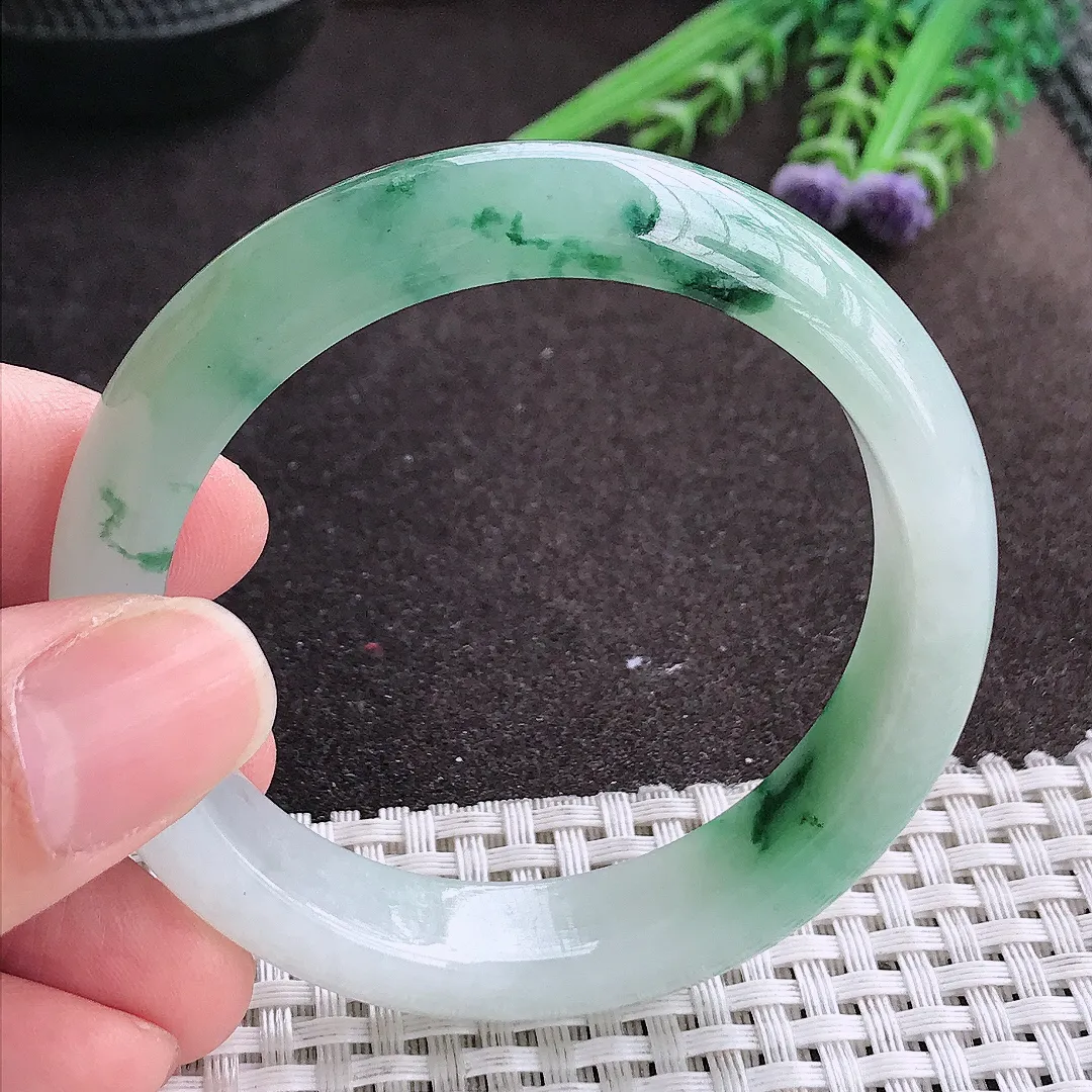 实拍A货翡翠51.8/12.6/7.7老坑冰胶水灵飘花手镯宽边玉镯手环