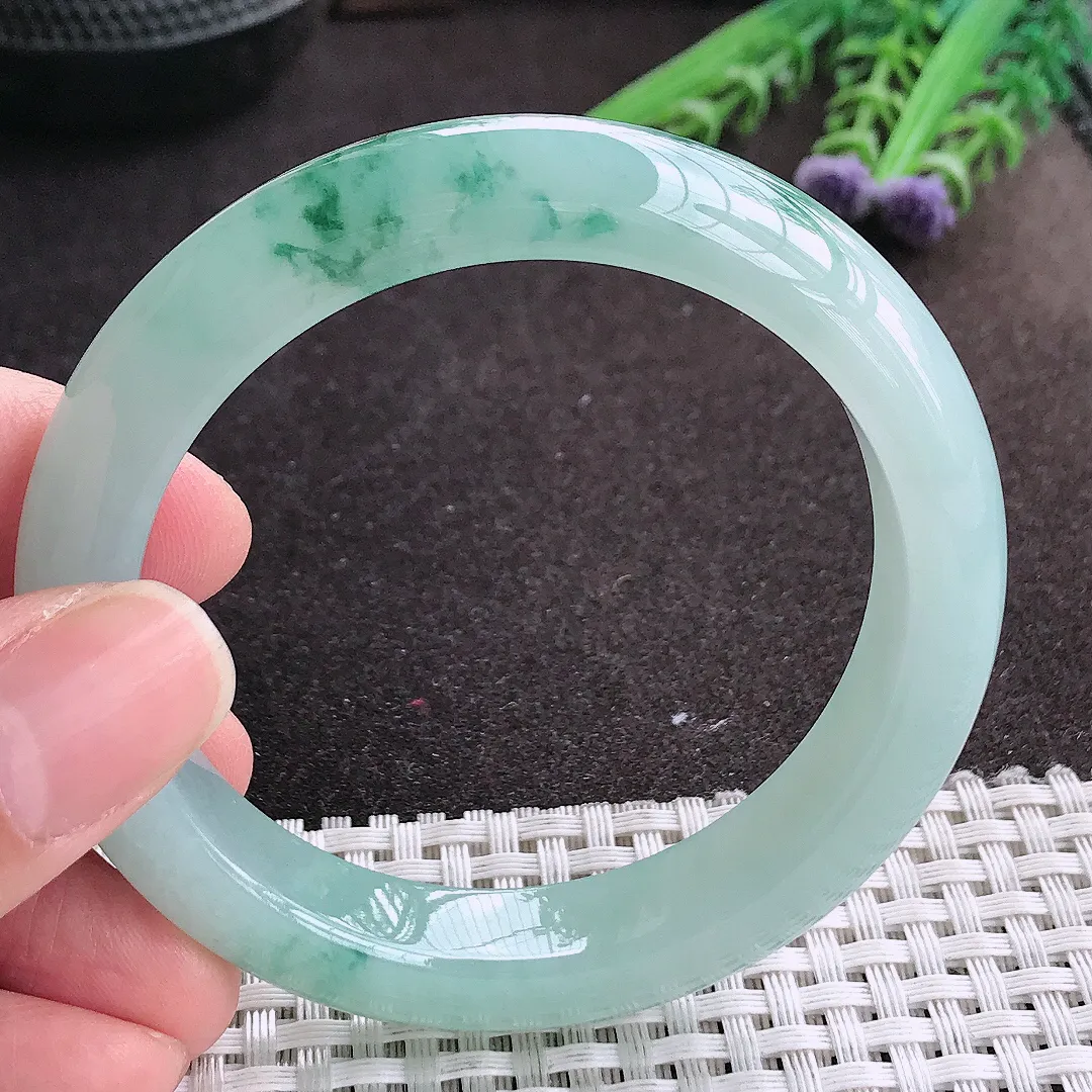 实拍A货翡翠55/11.8/8.7老坑冰胶果冻冰晴飘花手镯宽边玉镯手环