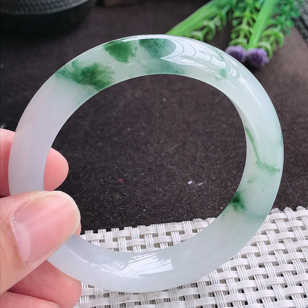 实拍A货翡翠55/12.6/8.8老坑冰透果冻胶冰飘花手镯宽边玉镯手环