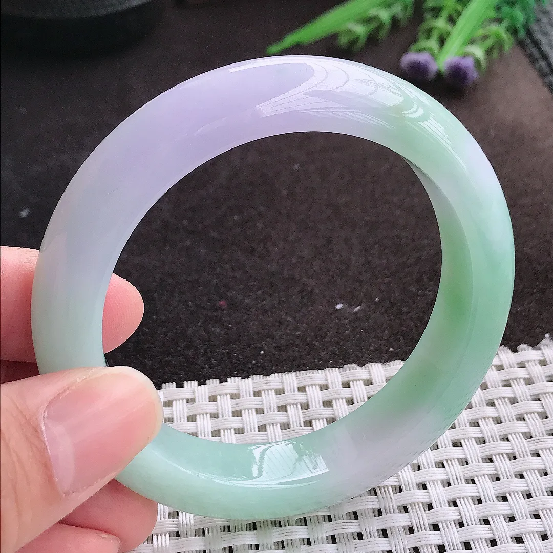 实拍A货翡翠55.8/12.8/9.3老坑冰润起胶春带彩手镯宽边玉镯手环