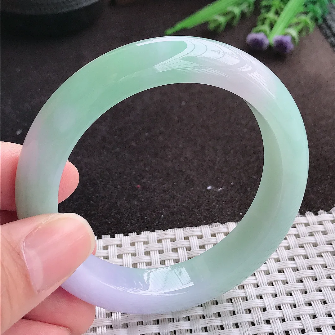 实拍A货翡翠55.8/12.8/9.3老坑冰润起胶春带彩手镯宽边玉镯手环