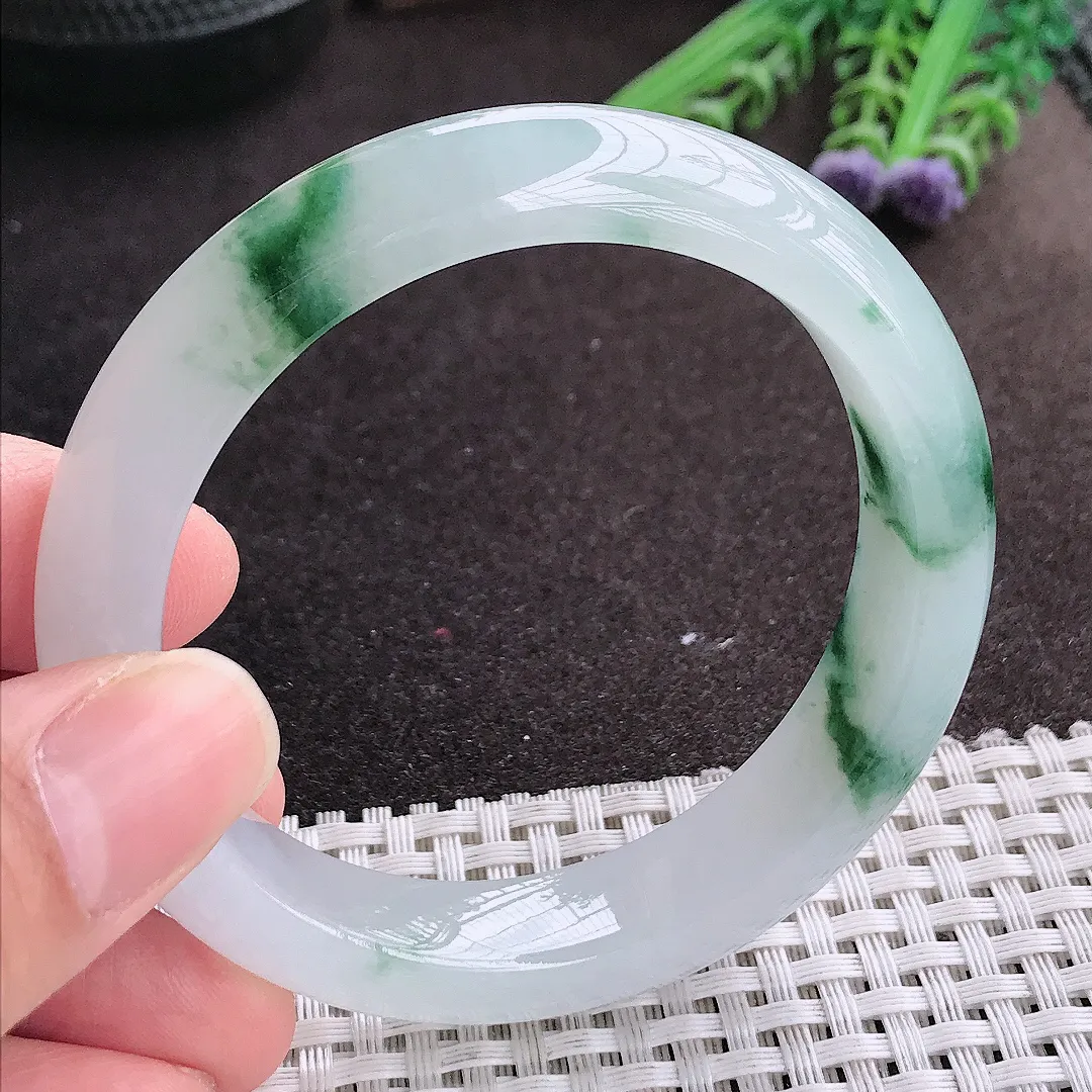 实拍A货翡翠55/12.6/8.8老坑冰透果冻胶冰飘花手镯宽边玉镯手环