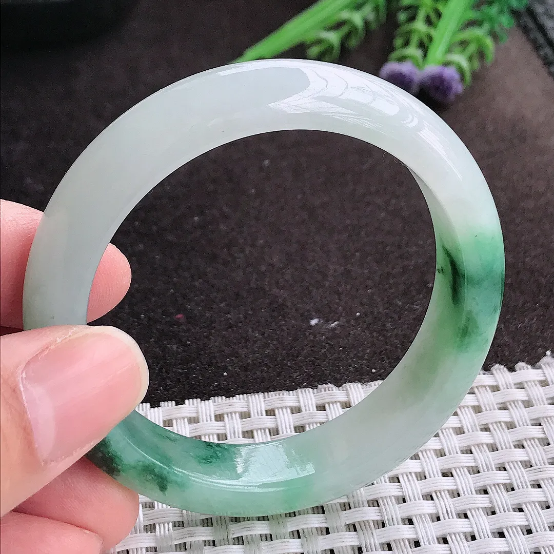 实拍A货翡翠51.8/12.6/7.7老坑冰胶水灵飘花手镯宽边玉镯手环