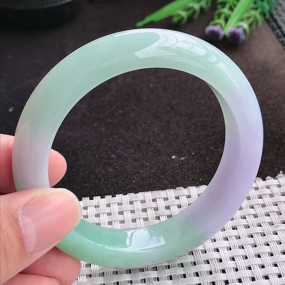 实拍A货翡翠55.8/12.8/9.3老坑冰润起胶春带彩手镯宽边玉镯手环