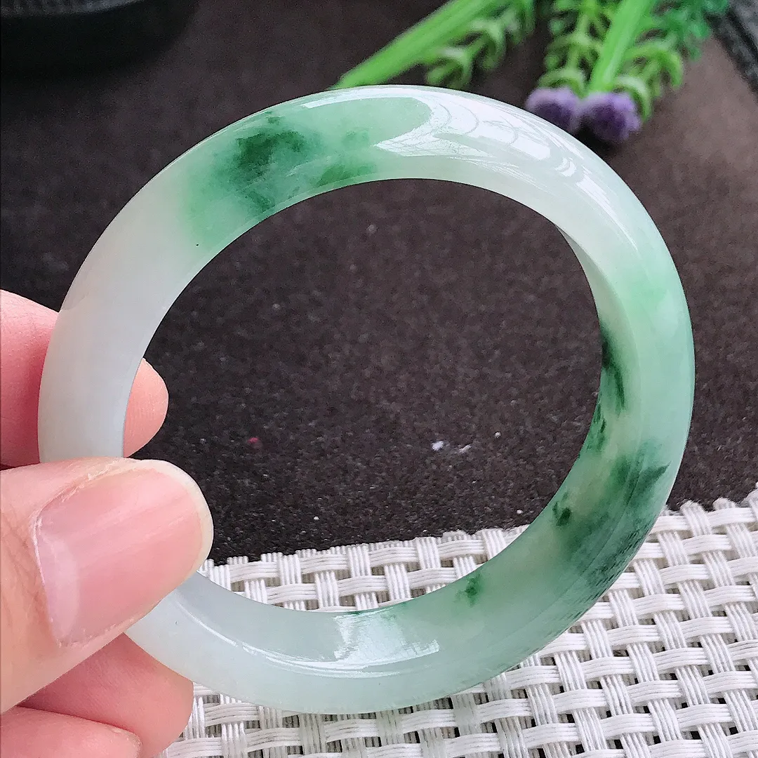 实拍A货翡翠51.8/12.6/7.7老坑冰胶水灵飘花手镯宽边玉镯手环