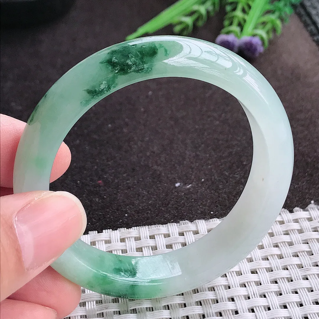 实拍A货翡翠51.8/12.6/7.7老坑冰胶水灵飘花手镯宽边玉镯手环