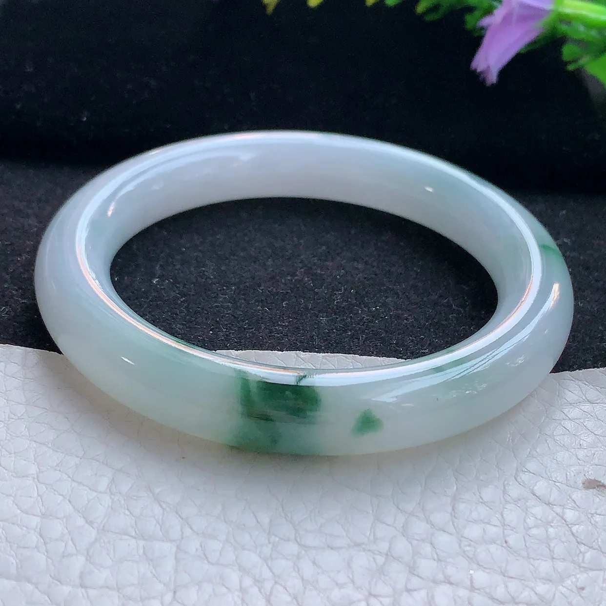 yh实拍55*10.5*10美人镯 天然翡翠A货手镯冰飘花圆条玉镯子 叮当镯