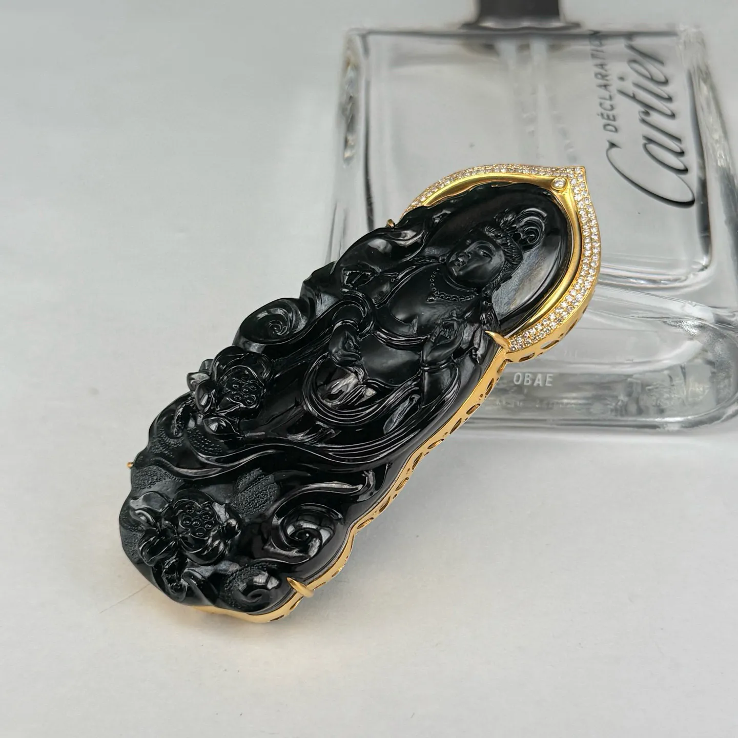 精品18k墨翠站观音 种好色正 黑度极好 打灯通透 油性十足  尺寸75