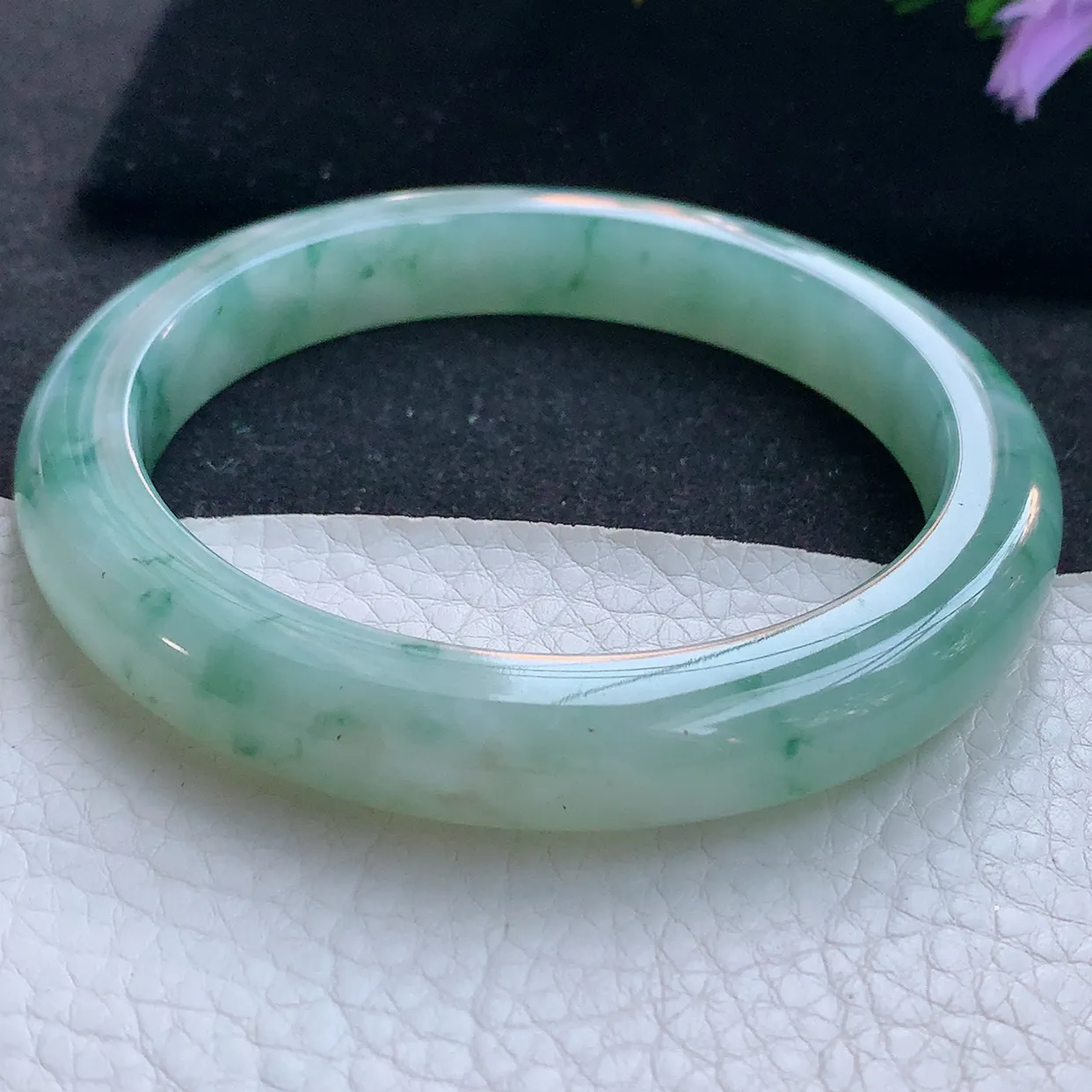 yh大圈口65*11.2*10平安镯 天然翡翠A货手镯冰飘花厚装宽边玉镯子