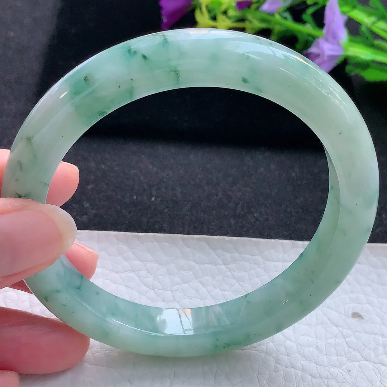 yh大圈口65*11.2*10平安镯 天然翡翠A货手镯冰飘花厚装宽边玉镯子