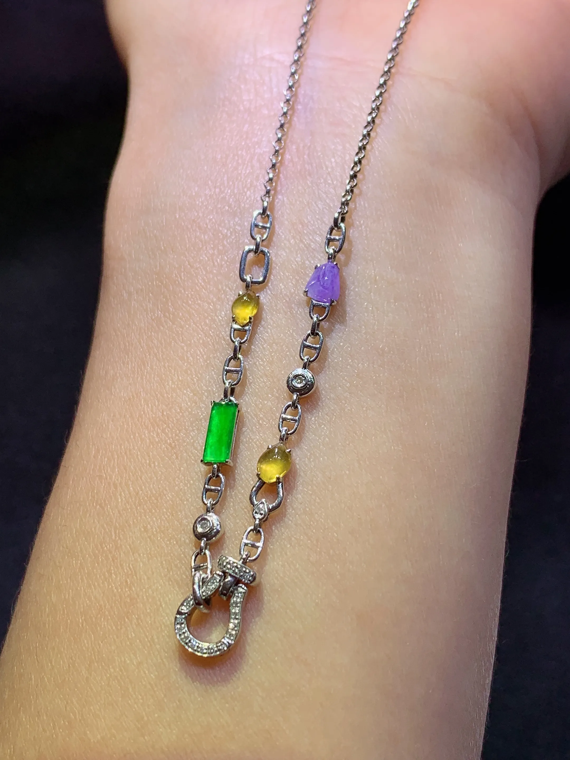 冰种三彩蛋面多用链，18k金镶嵌，款式新颖，冰润鲜艳，种水足，裸石尺寸3.6*3*2.5