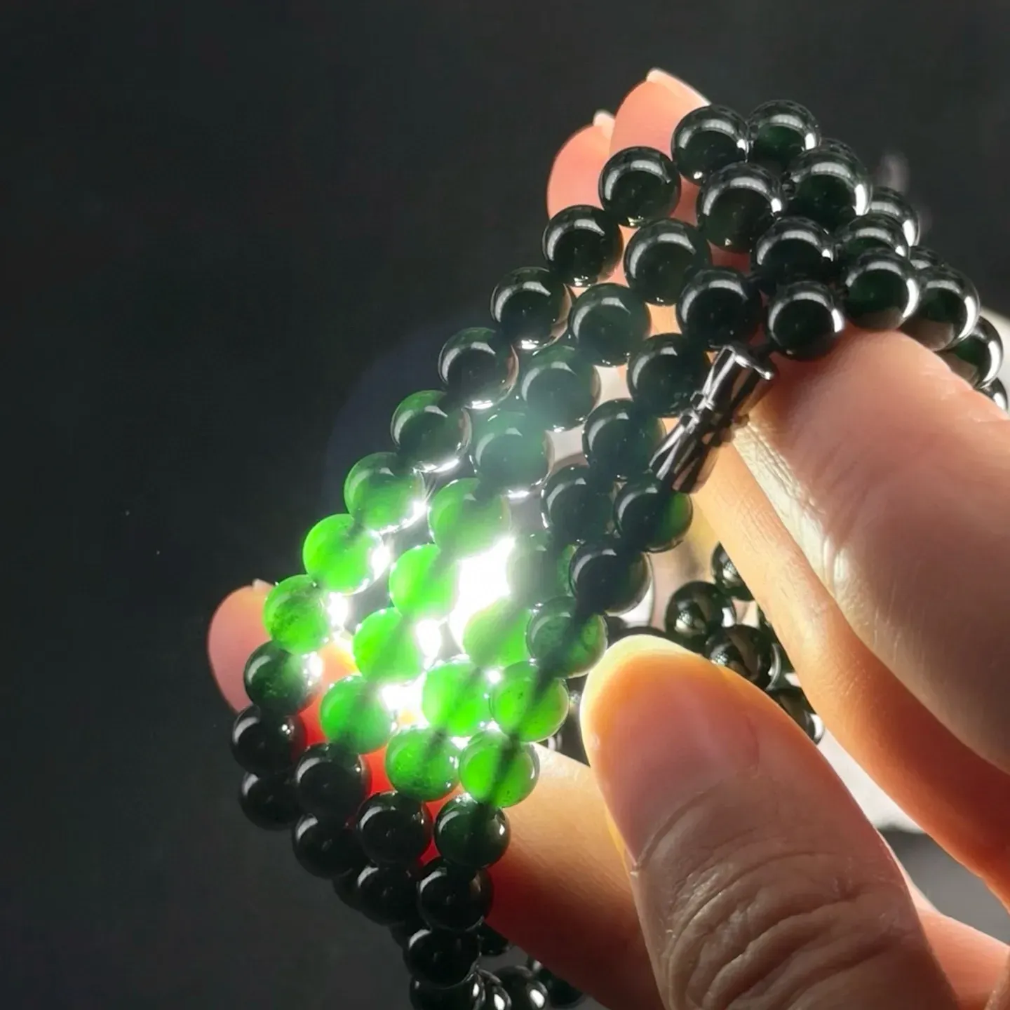 精品墨翠珠子项链 108颗手串 种好色正 黑度好 打灯通透 油性十足