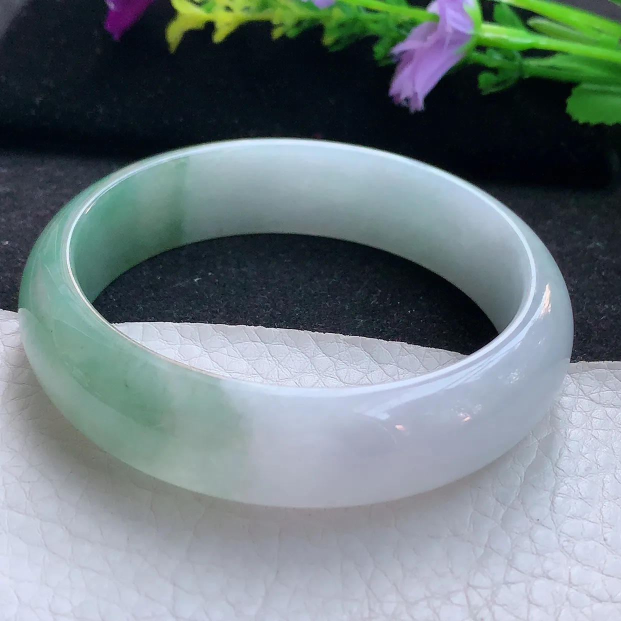 js实拍59*15.5*7.8轮胎镯 天然翡翠A货手镯半山水招财宽边正圈玉镯子