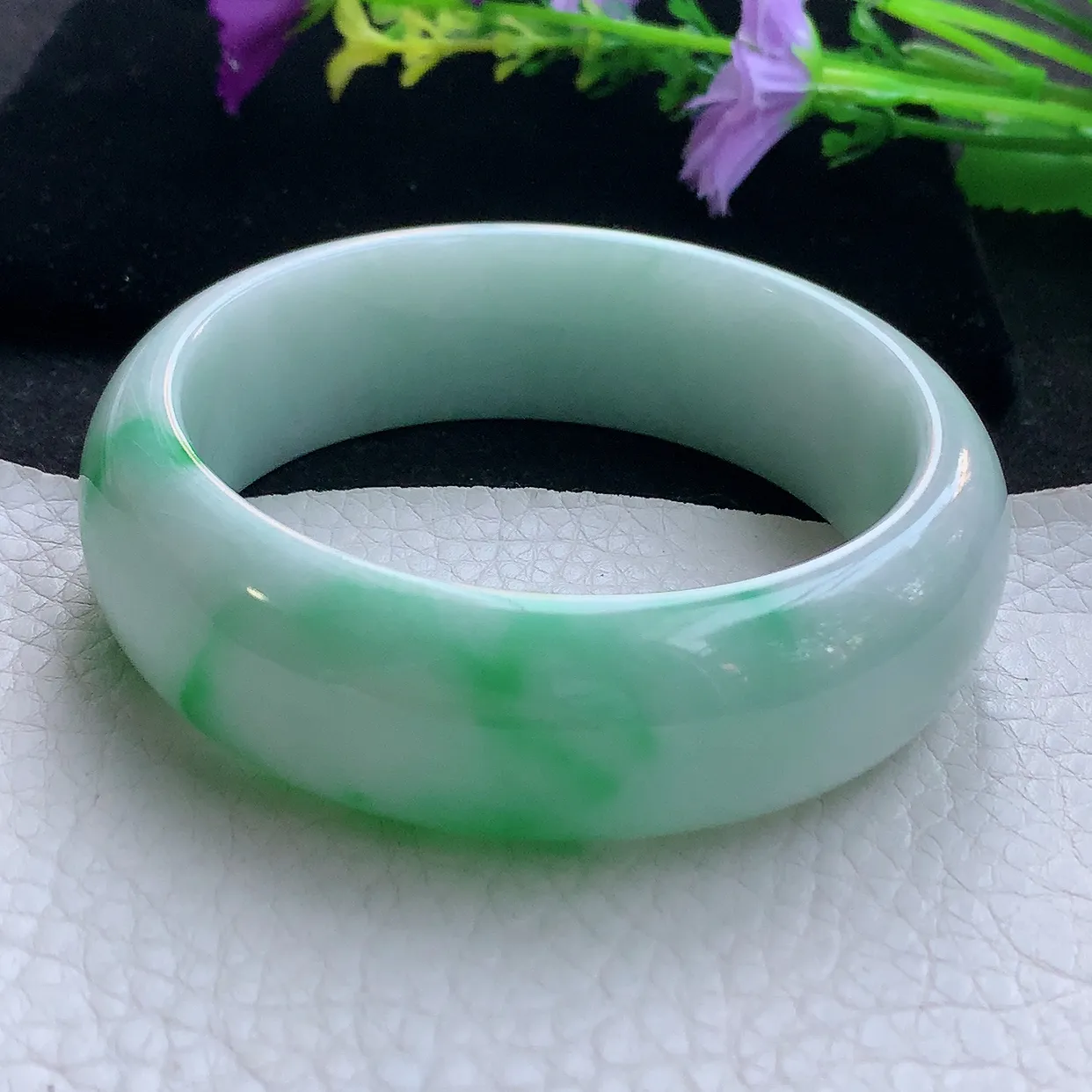 yh实拍59.5*19.8*8.8轮胎镯 天然翡翠A货手镯白底青大气宽边玉手环