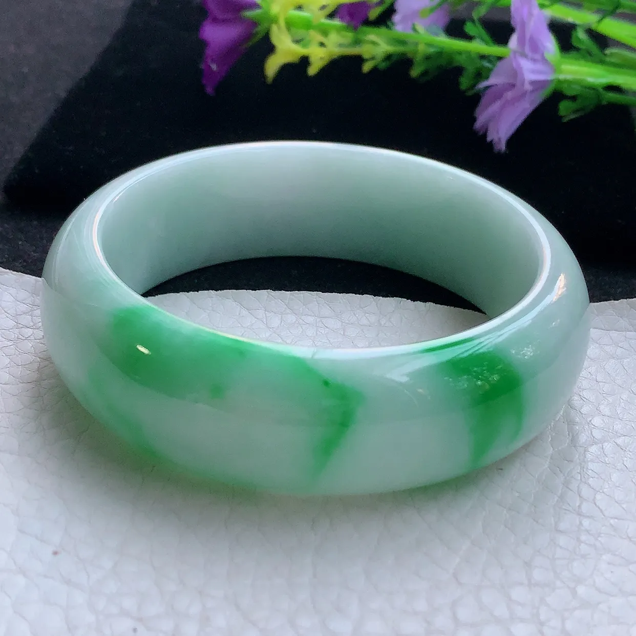 yh实拍59.5*19.8*8.8轮胎镯 天然翡翠A货手镯白底青大气宽边玉手环