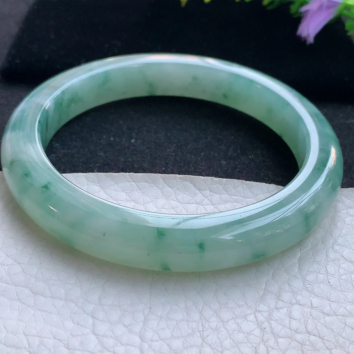 yh大圈口65*11.2*10平安镯 天然翡翠A货手镯冰飘花厚装宽边玉镯子