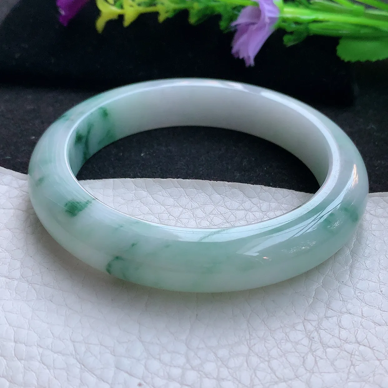 ee大圈口60*12.6*9.5平安镯 天然翡翠A货手镯飘花厚装宽边正圈玉镯子