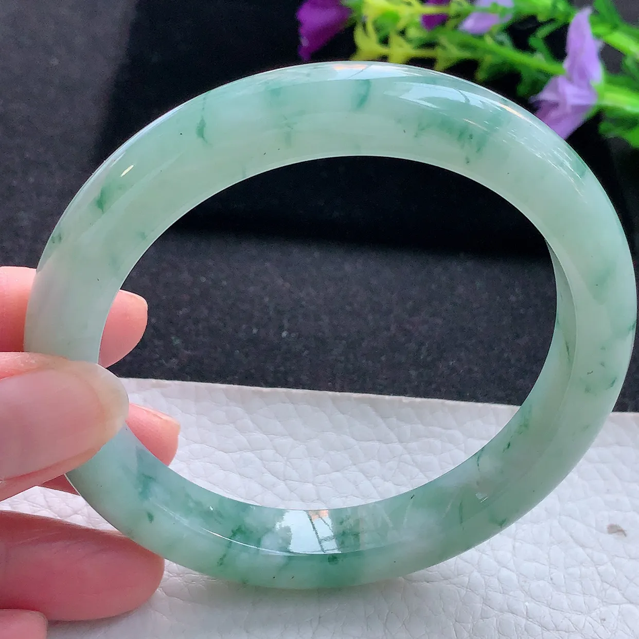 yh大圈口65*11.2*10平安镯 天然翡翠A货手镯冰飘花厚装宽边玉镯子