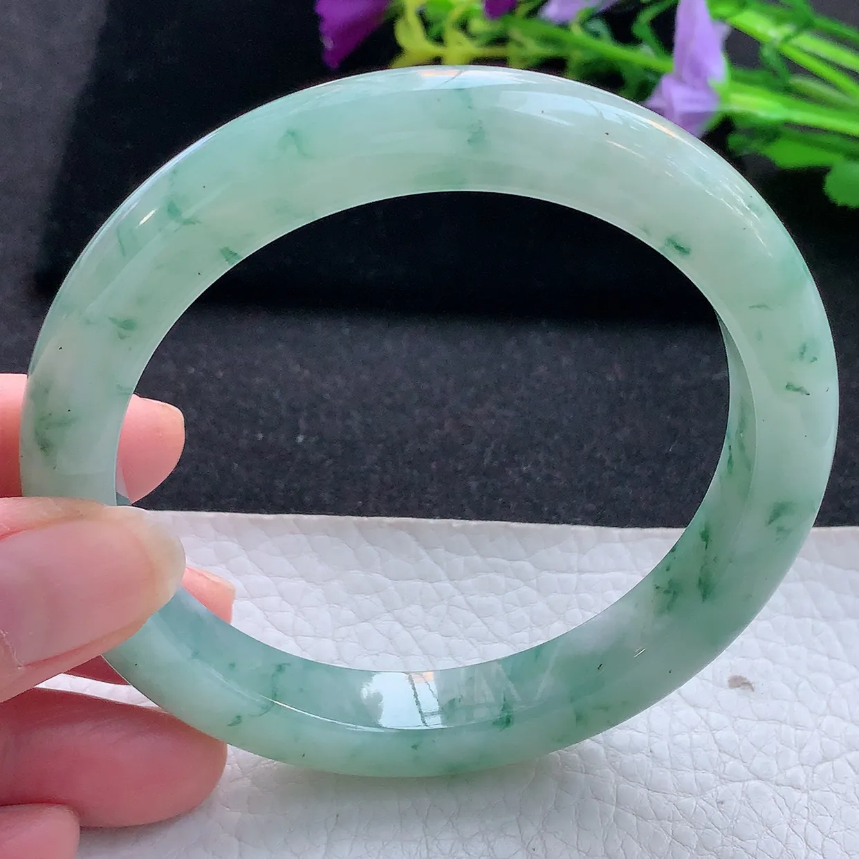 yh大圈口65*11.2*10平安镯 天然翡翠A货手镯冰飘花厚装宽边玉镯子