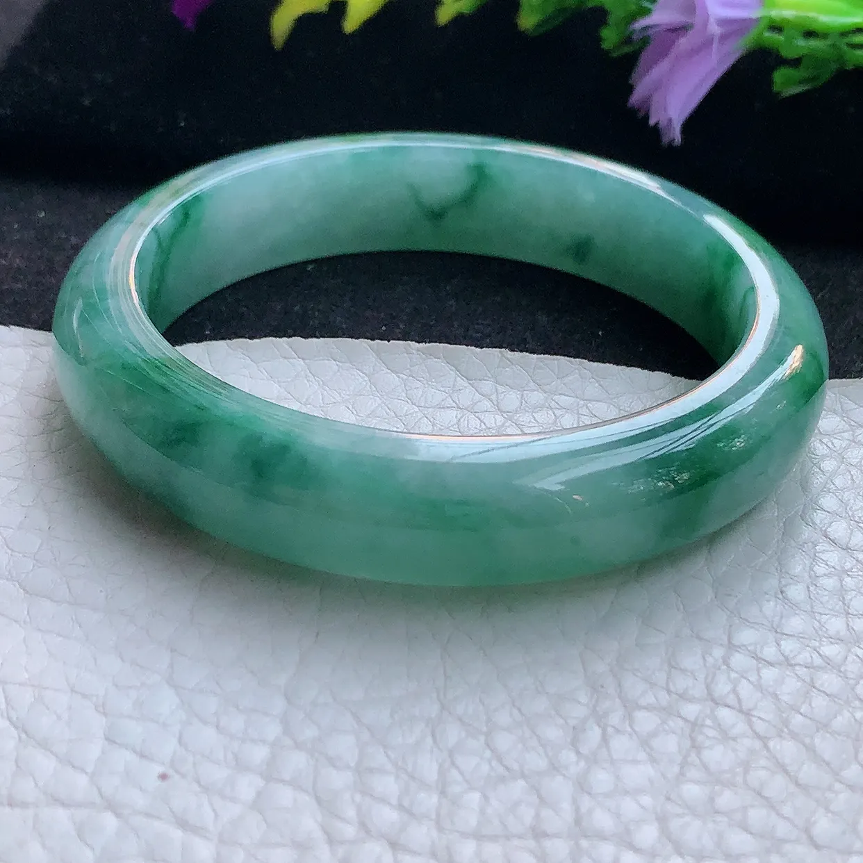 r实拍55*12.3*7.8平安镯 天然翡翠A货玉手镯飘花正圈玉手环