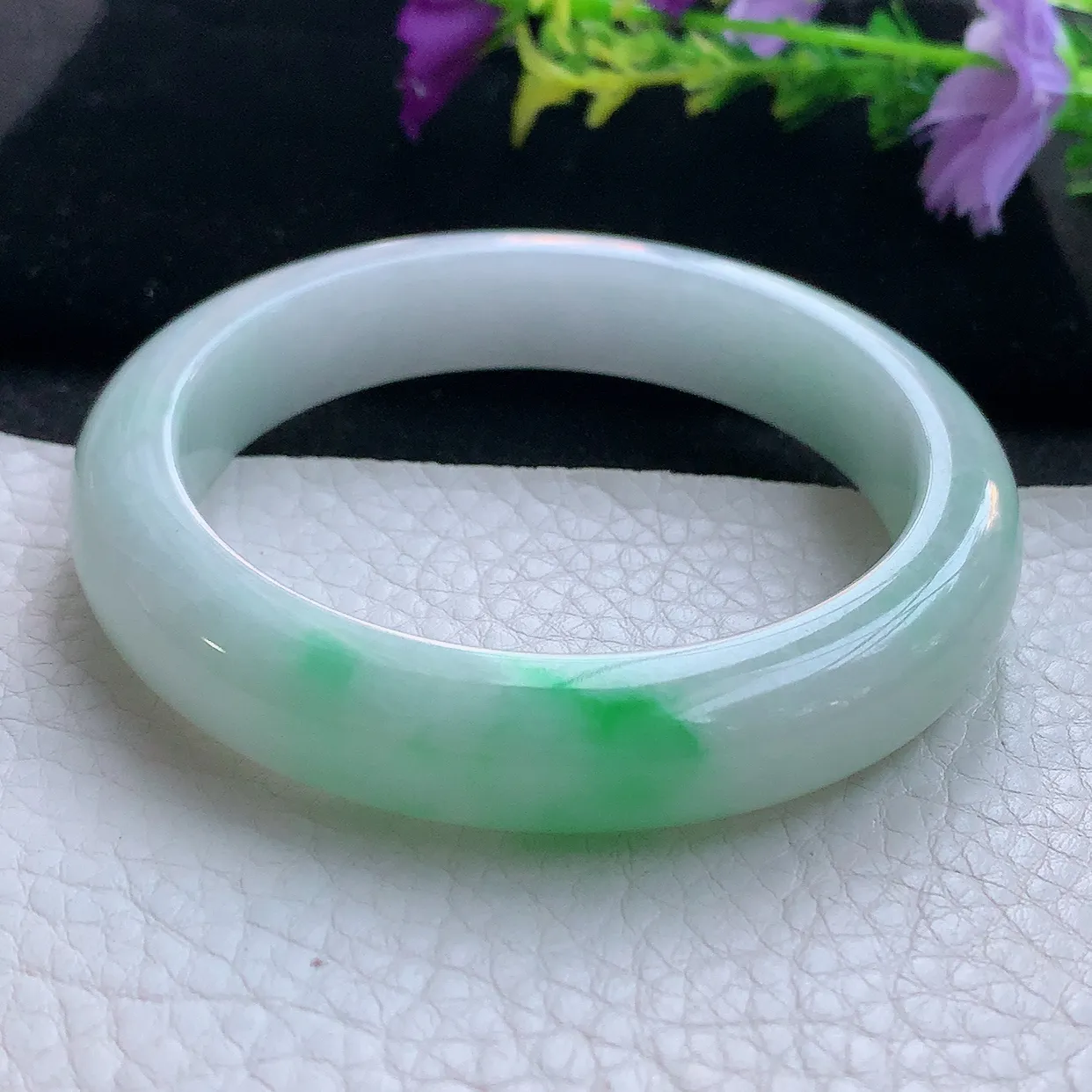 yh实拍56.5*11.8*8.5平安镯 天然翡翠A货手镯白底青宽边玉镯子