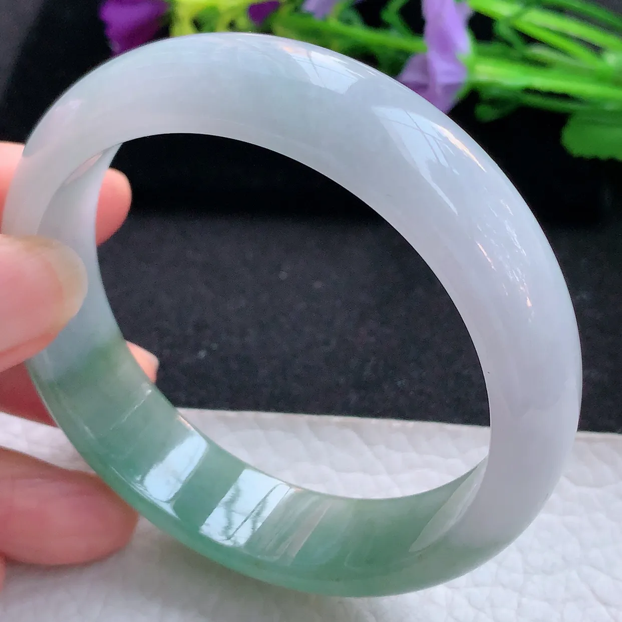 js实拍59*15.5*7.8轮胎镯 天然翡翠A货手镯半山水招财宽边正圈玉镯子