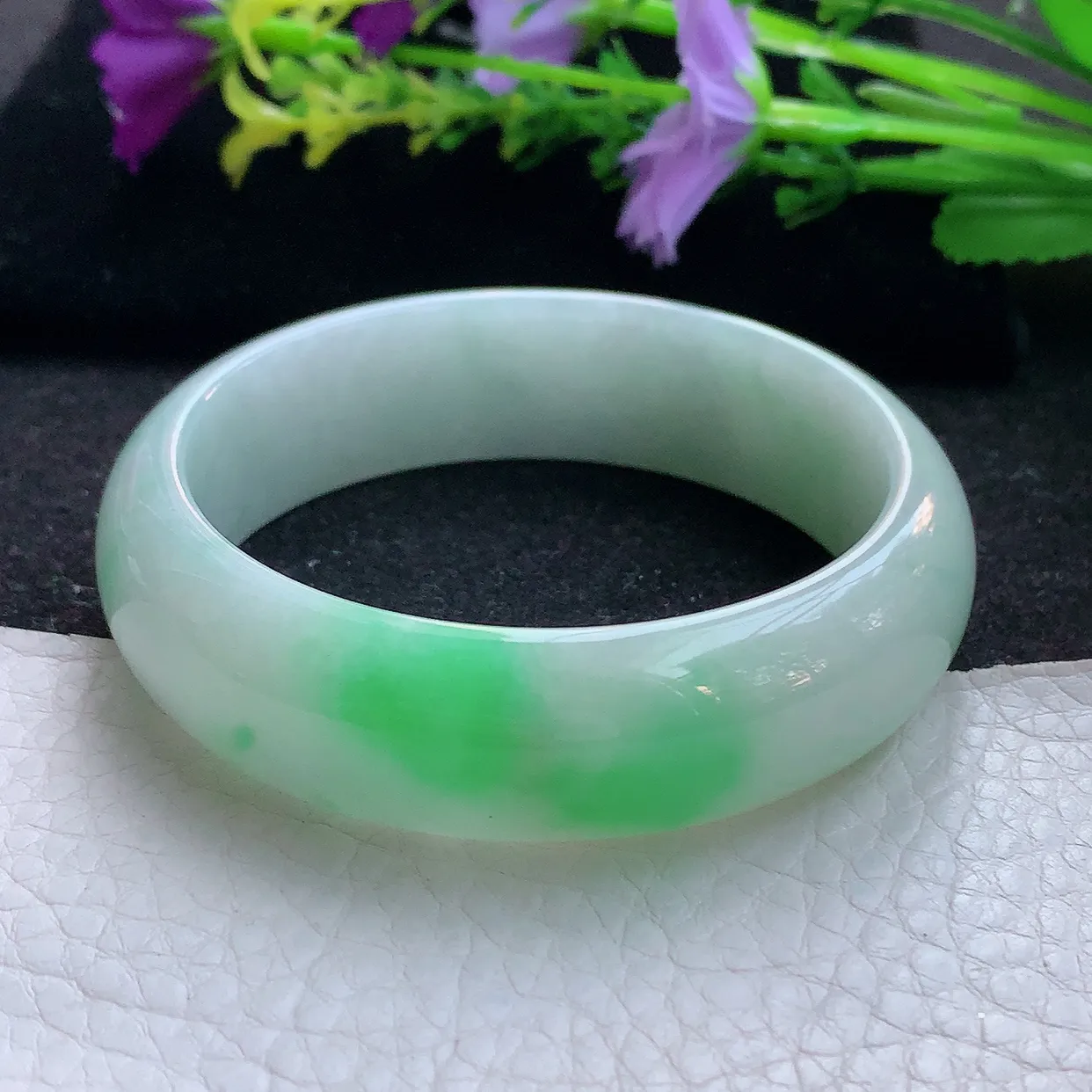 hy实拍53.8*16.3*7.3轮胎镯 天然翡翠A货手镯水润飘阳绿宽边正圈玉镯子