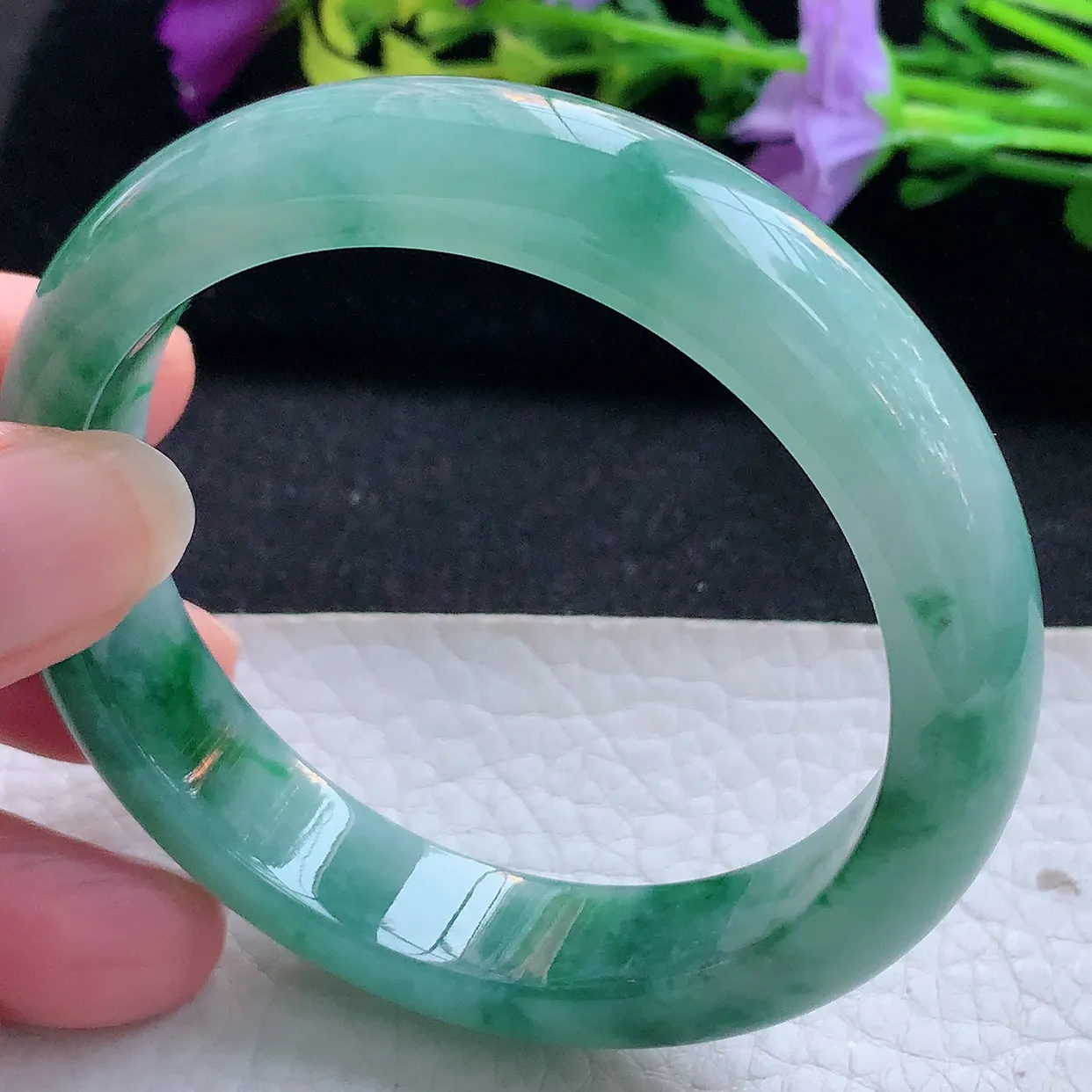 r实拍55*12.3*7.8平安镯 天然翡翠A货玉手镯飘花正圈玉手环