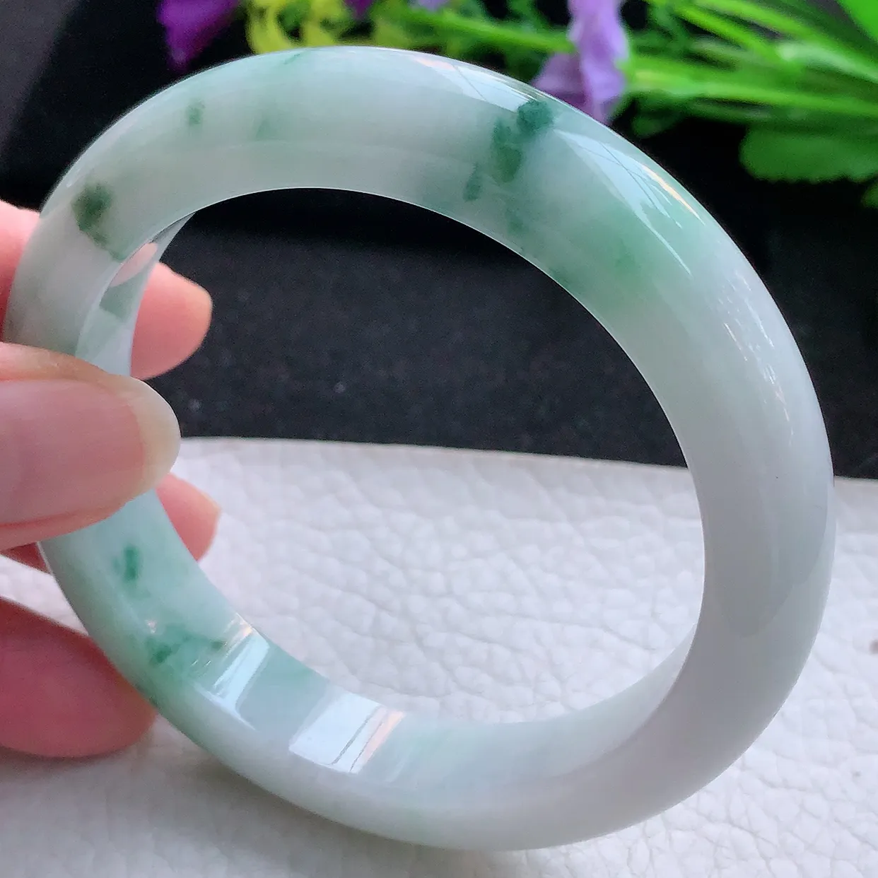 ee大圈口60*12.6*9.5平安镯 天然翡翠A货手镯飘花厚装宽边正圈玉镯子