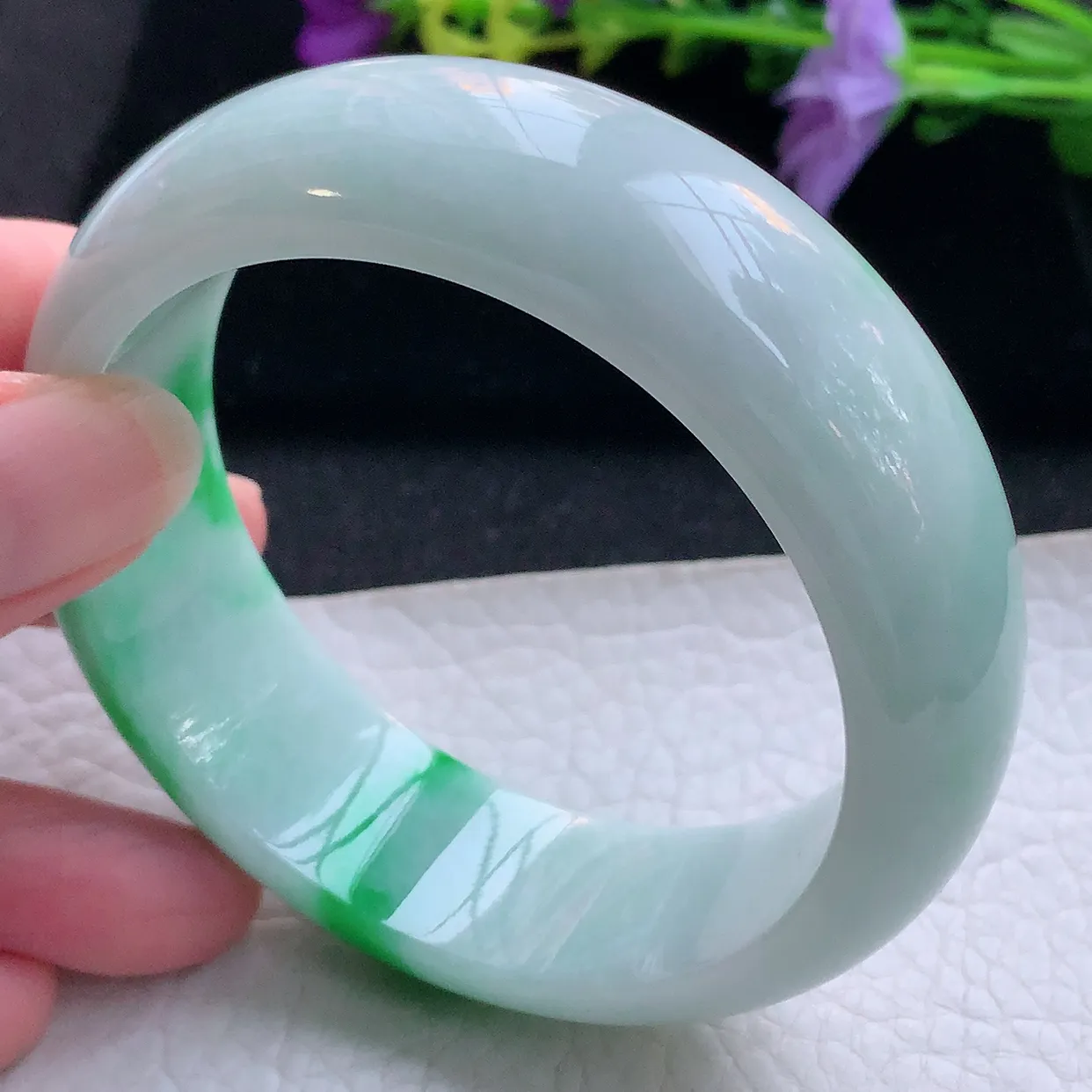 yh实拍59.5*19.8*8.8轮胎镯 天然翡翠A货手镯白底青大气宽边玉手环