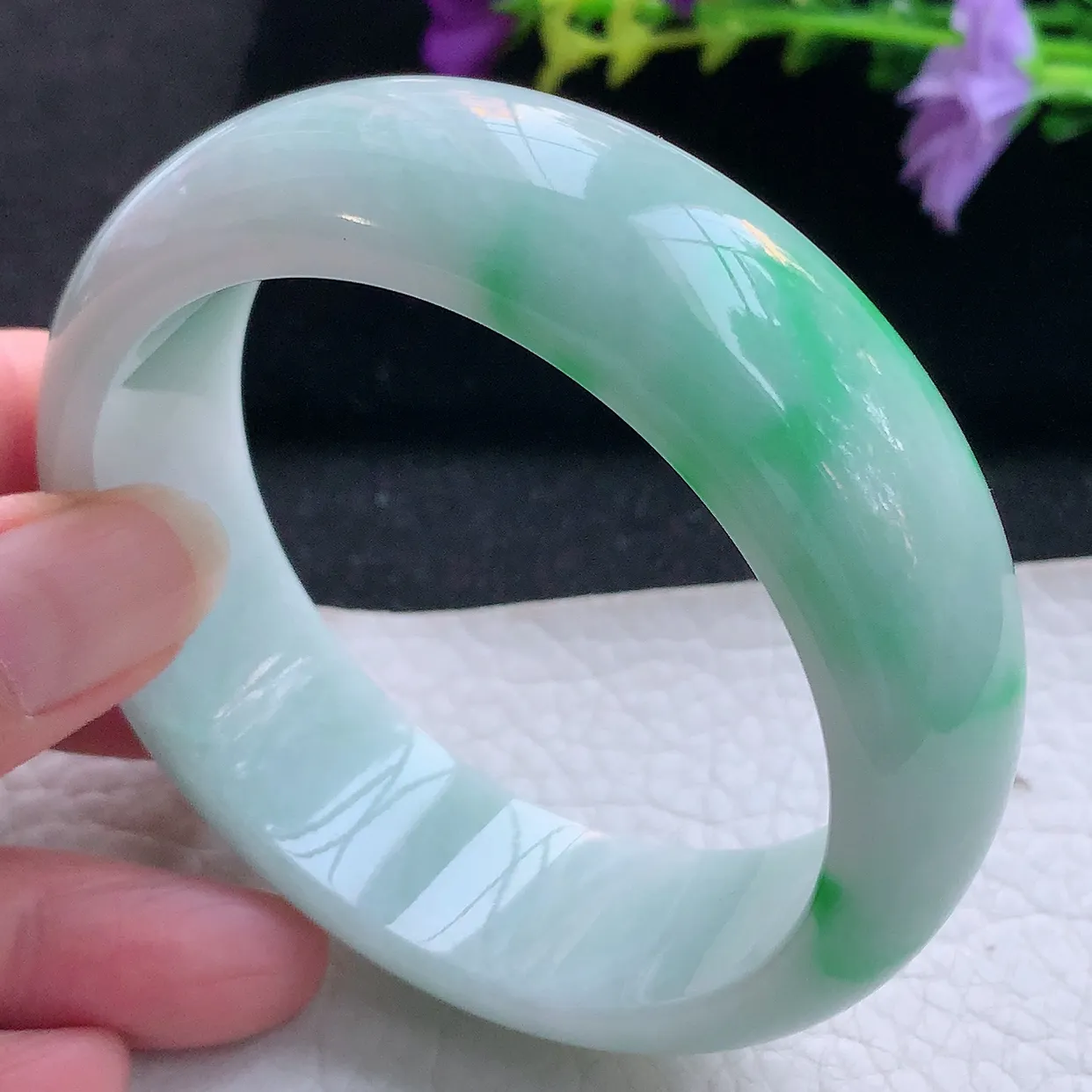 yh实拍59.5*19.8*8.8轮胎镯 天然翡翠A货手镯白底青大气宽边玉手环