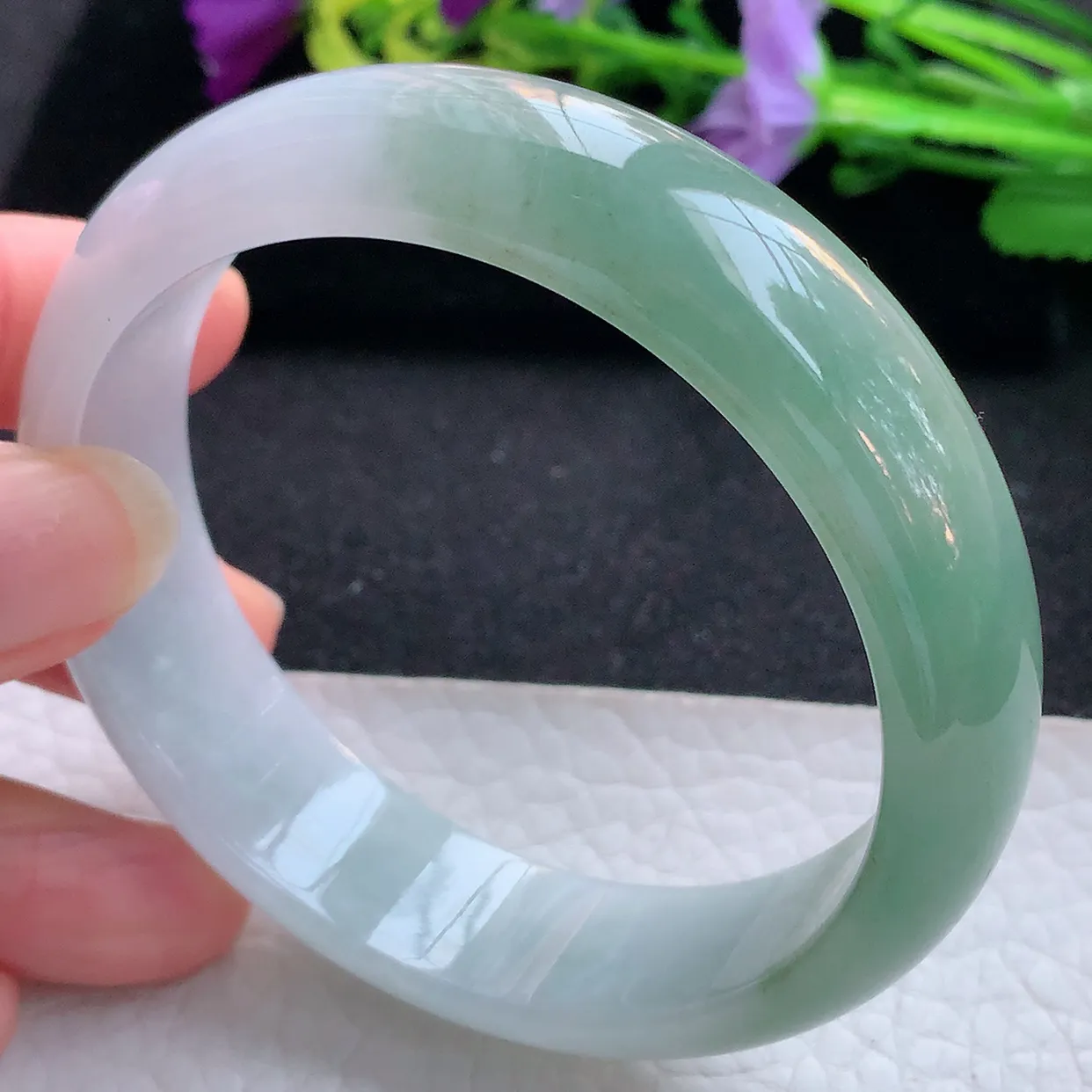 js实拍59*15.5*7.8轮胎镯 天然翡翠A货手镯半山水招财宽边正圈玉镯子