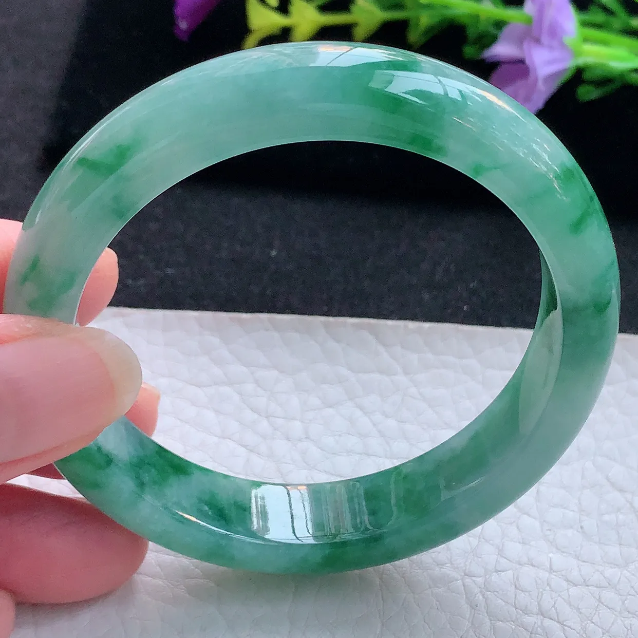 r实拍55*12.3*7.8平安镯 天然翡翠A货玉手镯飘花正圈玉手环