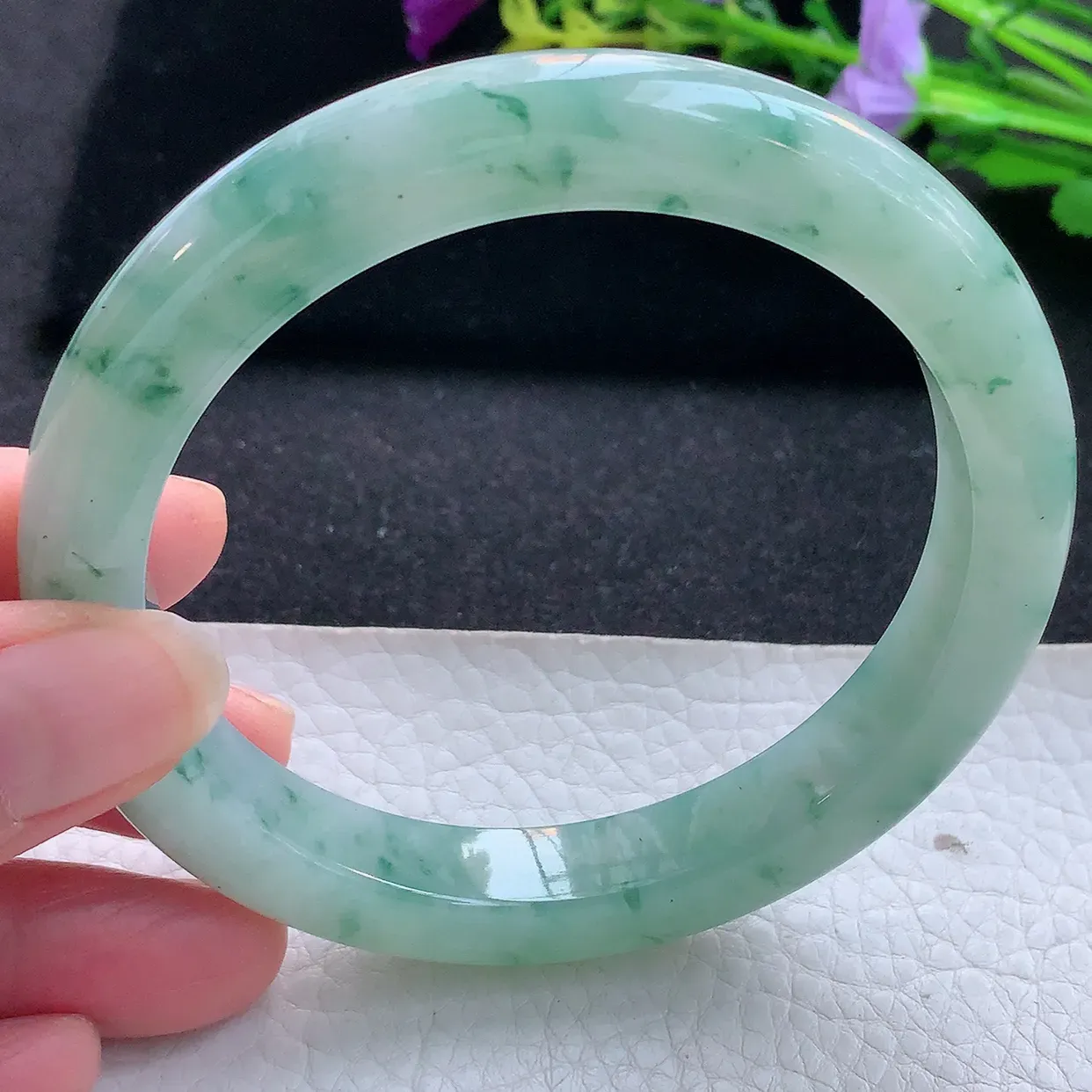 yh大圈口65*11.2*10平安镯 天然翡翠A货手镯冰飘花厚装宽边玉镯子