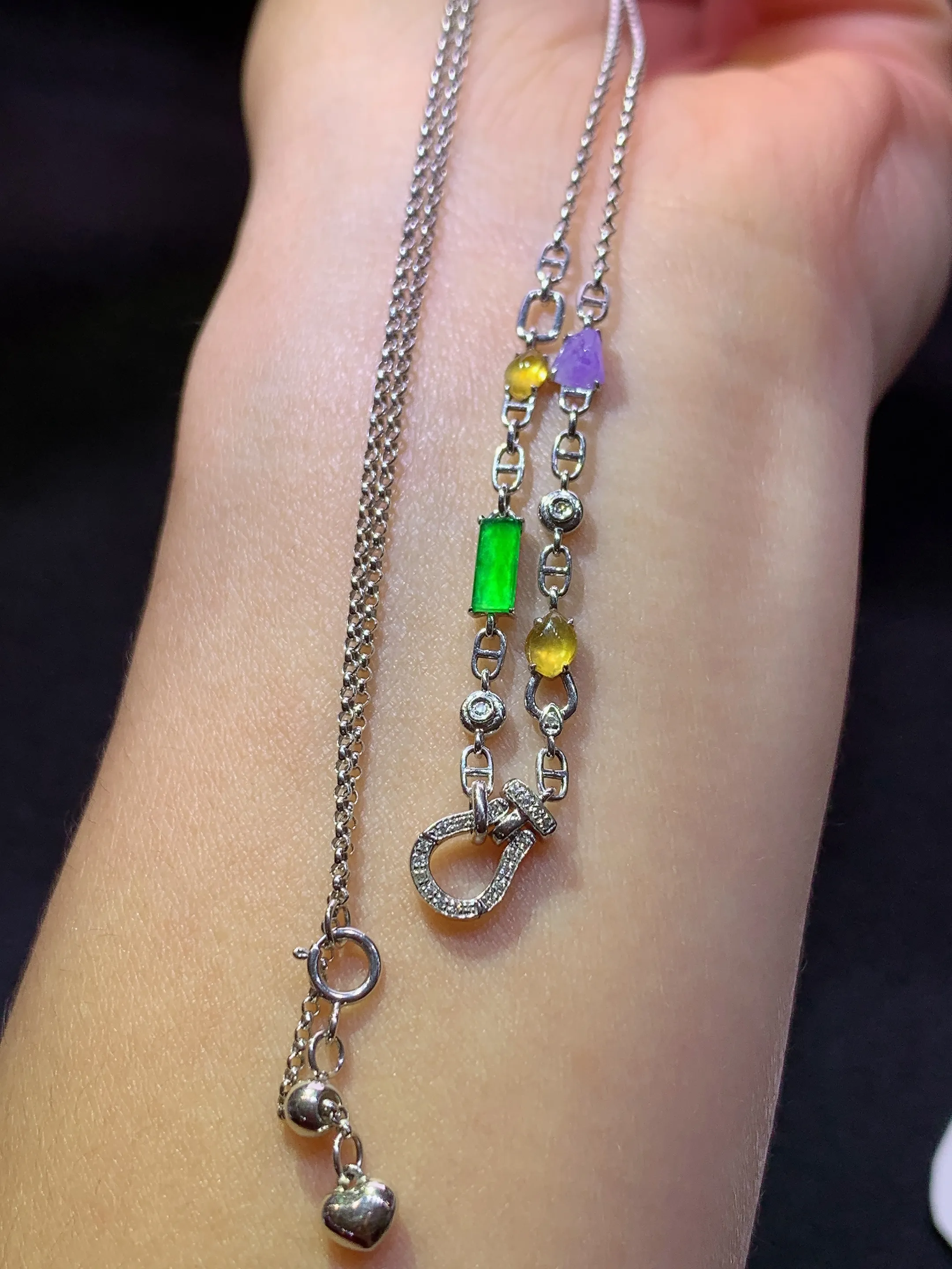 冰种三彩蛋面多用链，18k金镶嵌，款式新颖，冰润鲜艳，种水足，裸石尺寸3.6*3*2.5