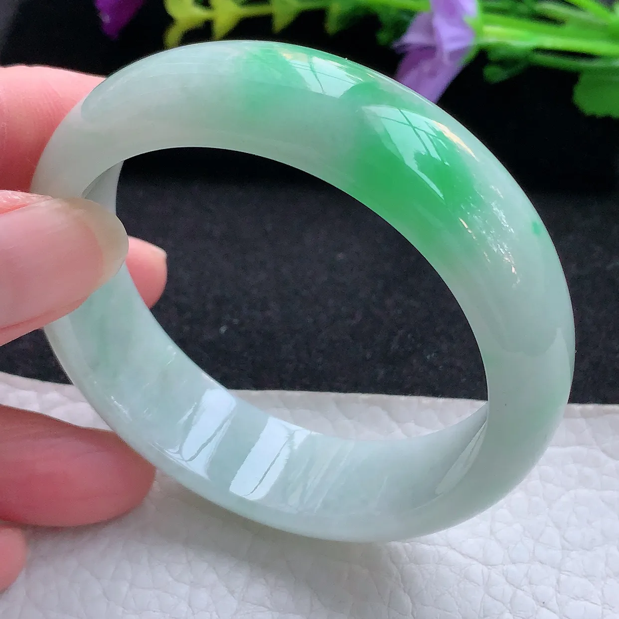 hy实拍53.8*16.3*7.3轮胎镯 天然翡翠A货手镯水润飘阳绿宽边正圈玉镯子