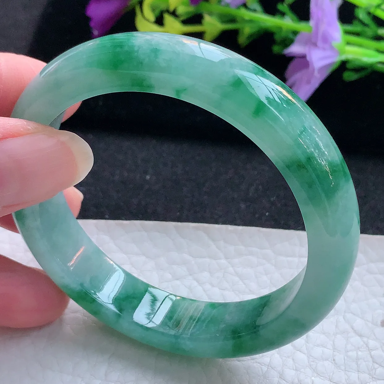 r实拍55*12.3*7.8平安镯 天然翡翠A货玉手镯飘花正圈玉手环
