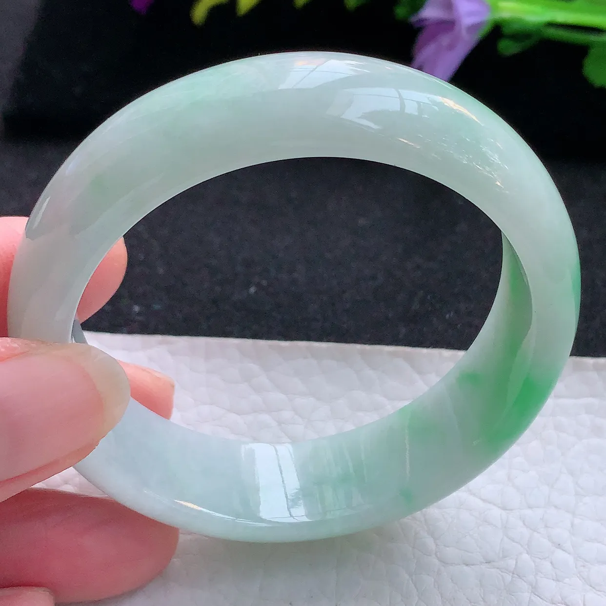 hy实拍53.8*16.3*7.3轮胎镯 天然翡翠A货手镯水润飘阳绿宽边正圈玉镯子