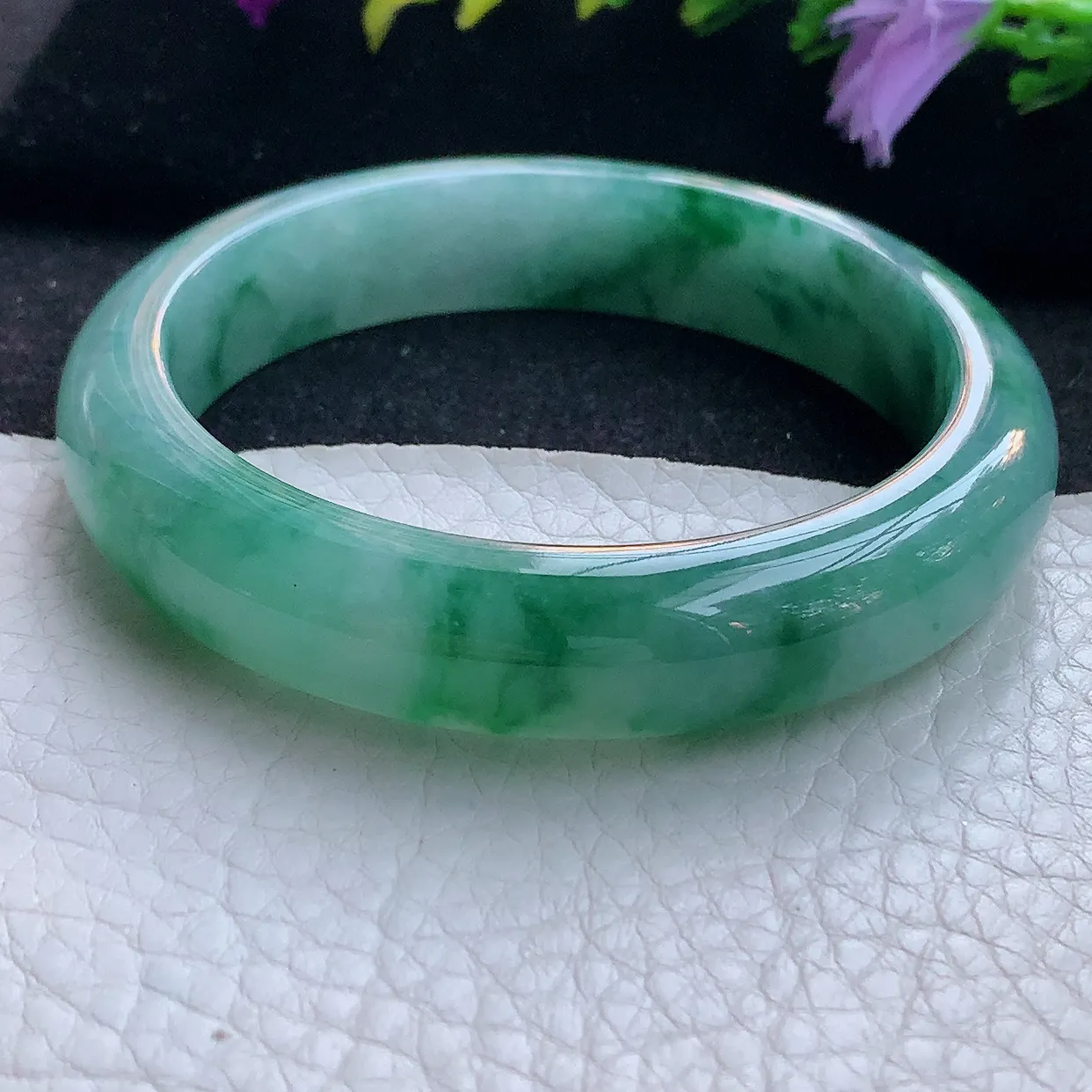 r实拍55*12.3*7.8平安镯 天然翡翠A货玉手镯飘花正圈玉手环