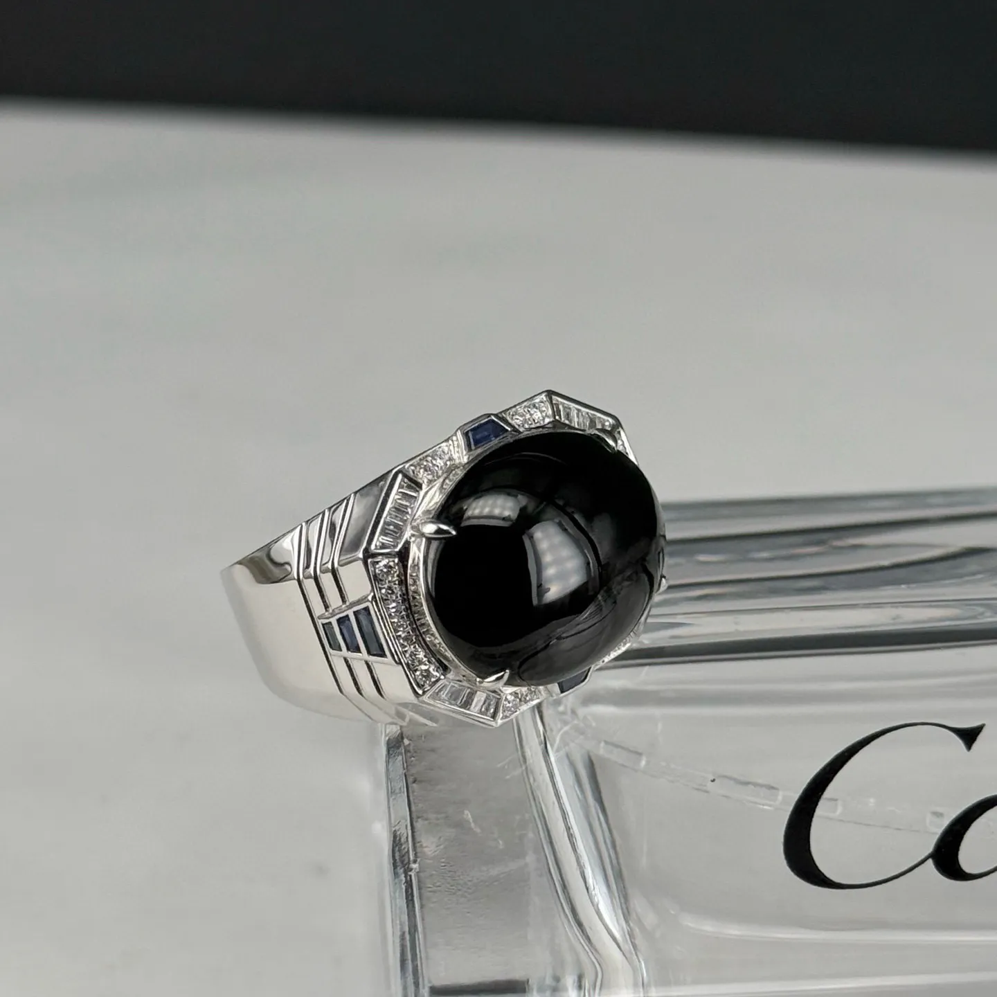 精品18k墨翠蛋面男戒 重金豪镶 打灯通透 油性十足 尺寸16.9