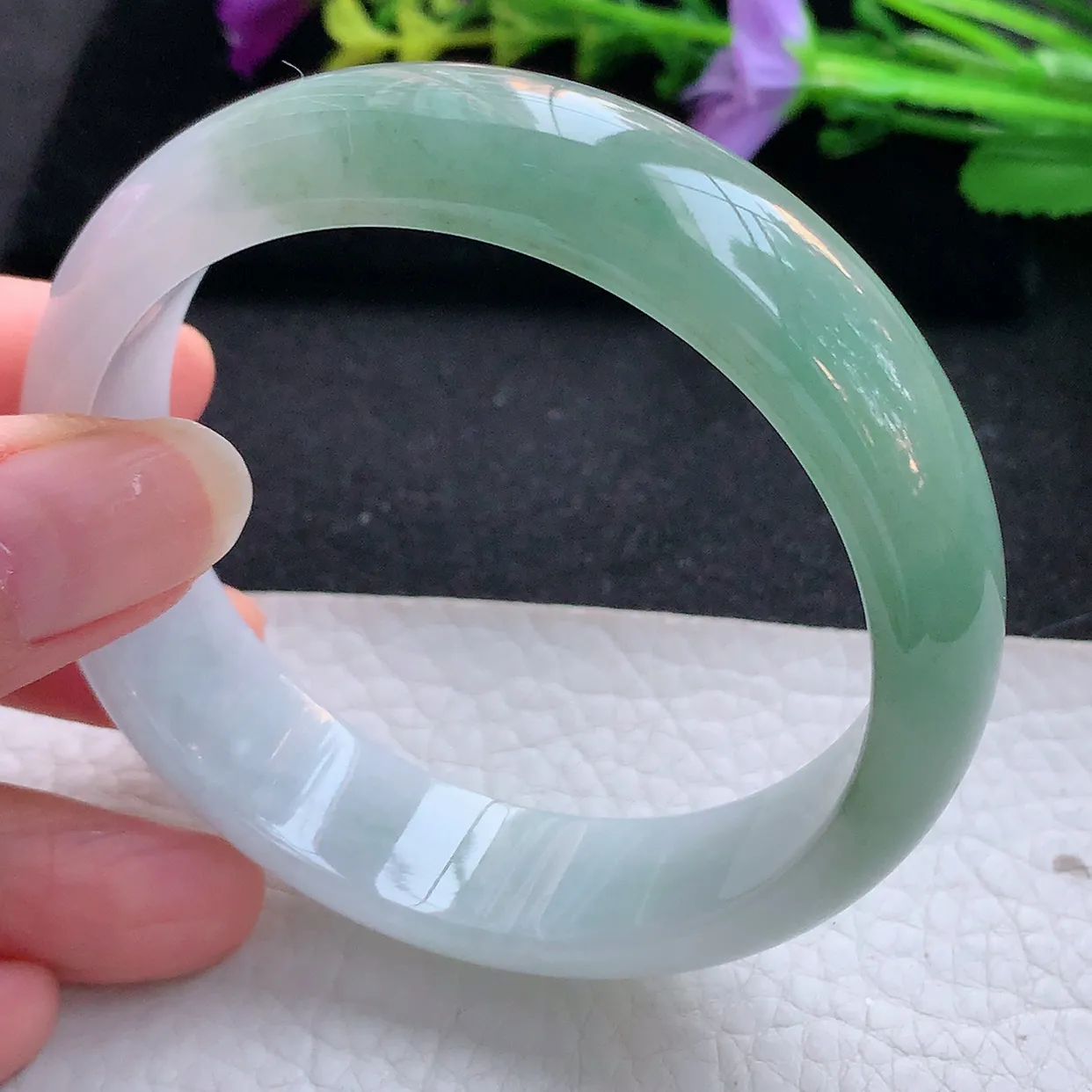 js实拍59*15.5*7.8轮胎镯 天然翡翠A货手镯半山水招财宽边正圈玉镯子